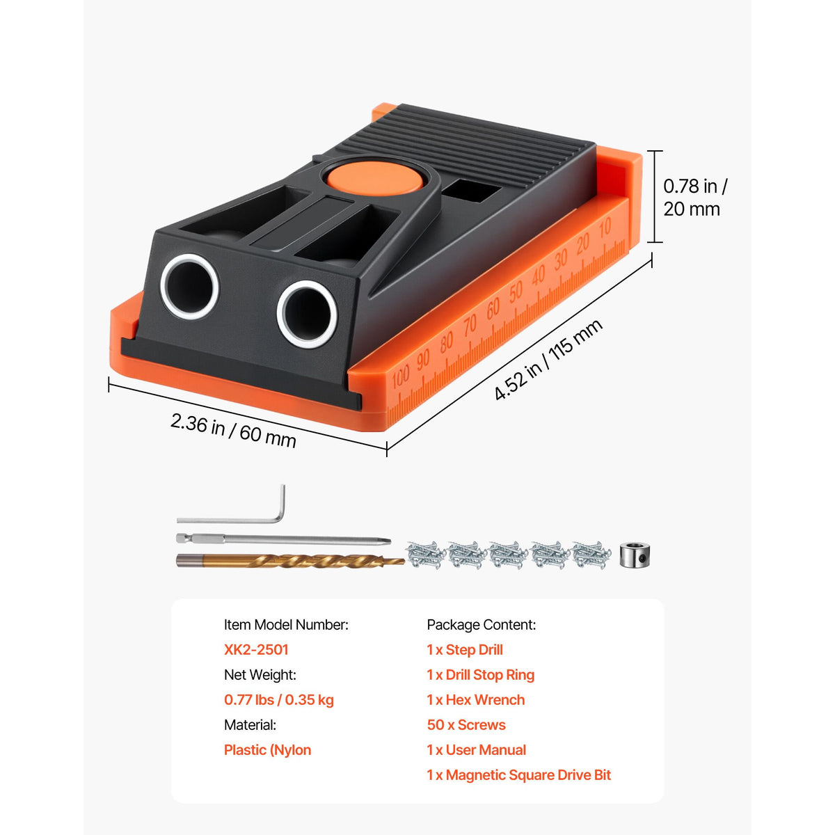 Adjustable Pocket Hole Jig Kit 12.7-38.1mm Woodworking Drill Guide Set