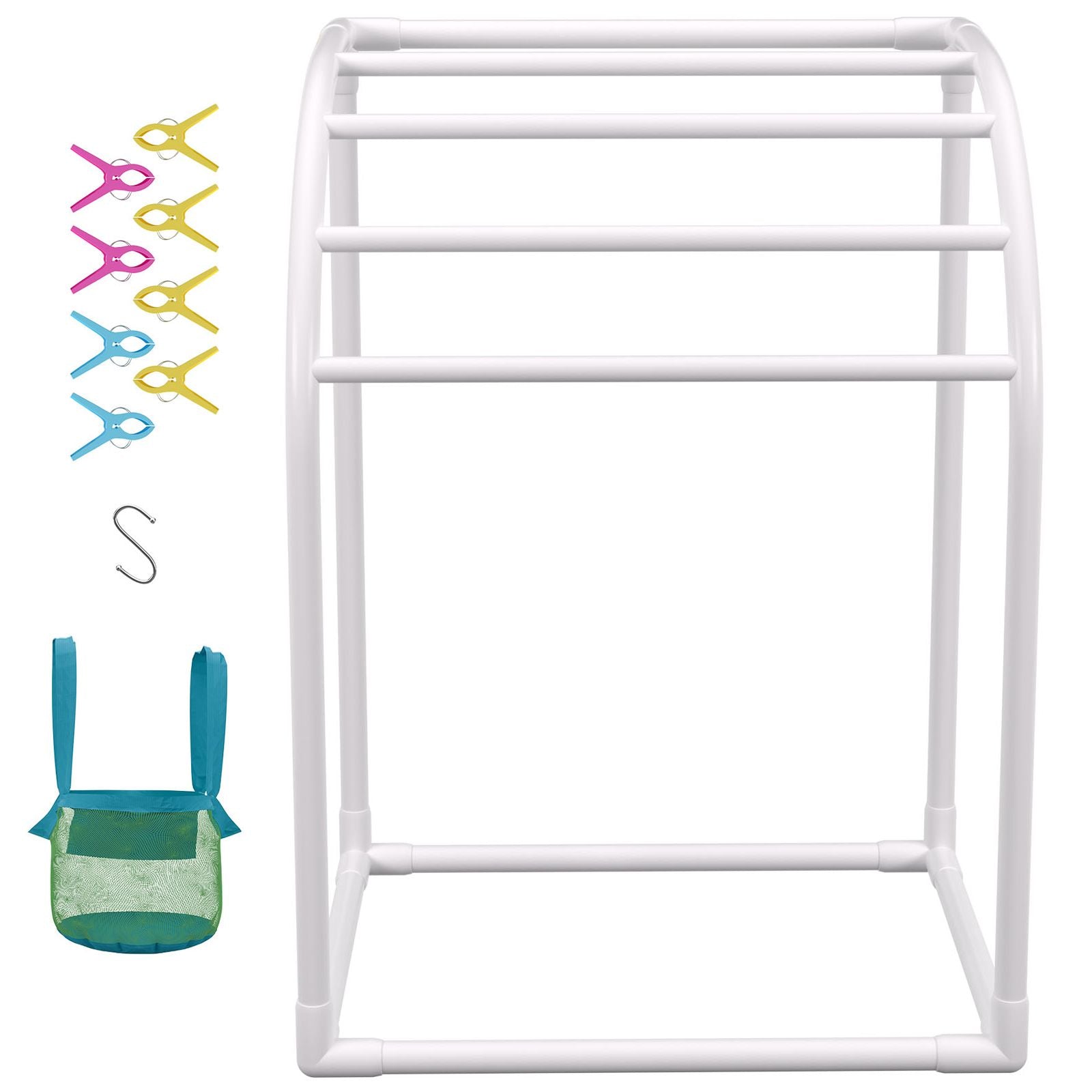 Pool Towel Rack, 5 Bar, Milky, Freestanding Outdoor PVC Curved Poolside Storage Organizer, Include 8 Towel Clips, Mesh Bag, Hook, Also Stores Floats and Paddles, for Beach, Swimming Pool, Home