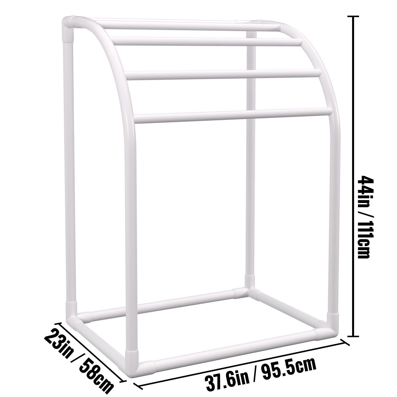 Pool Towel Rack, 5 Bar, Milky, Freestanding Outdoor PVC Curved Poolside Storage Organizer, Include 8 Towel Clips, Mesh Bag, Hook, Also Stores Floats and Paddles, for Beach, Swimming Pool, Home