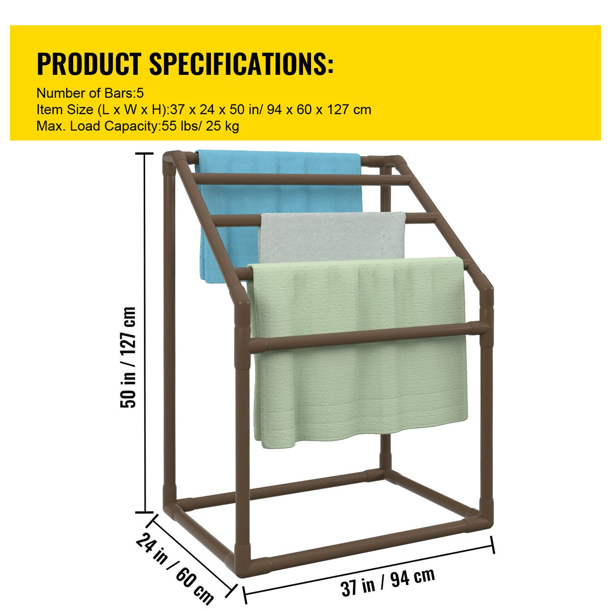 Pool Towel Rack, 5 Bar, Brown, Freestanding Outdoor PVC Trapedozal Poolside Storage Organizer, Include 8 Towel Clips, Mesh Bag, Hook, Also Stores Floats and Paddles, for Beach, Swimming Pool