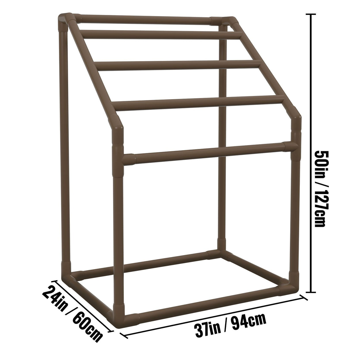 Pool Towel Rack, 5 Bar, Brown, Freestanding Outdoor PVC Trapedozal Poolside Storage Organizer, Include 8 Towel Clips, Mesh Bag, Hook, Also Stores Floats and Paddles, for Beach, Swimming Pool