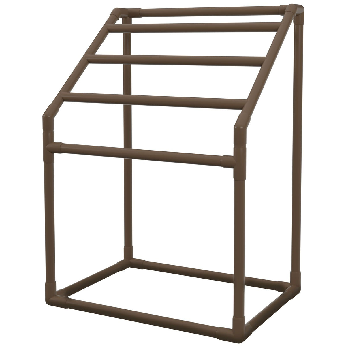 Pool Towel Rack, 5 Bar, Brown, Freestanding Outdoor PVC Trapedozal Poolside Storage Organizer, Include 8 Towel Clips, Mesh Bag, Hook, Also Stores Floats and Paddles, for Beach, Swimming Pool