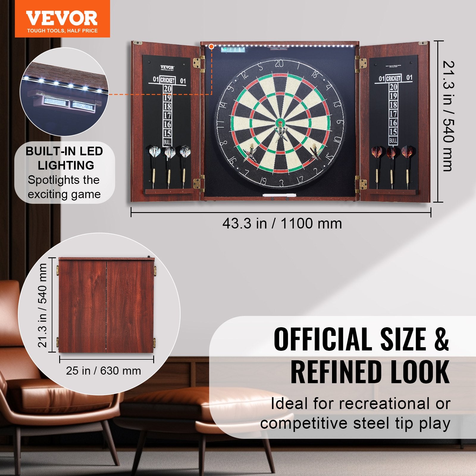 Dartboard and Cabinet Set Official Size Complete Accessory Steel Tip Dart