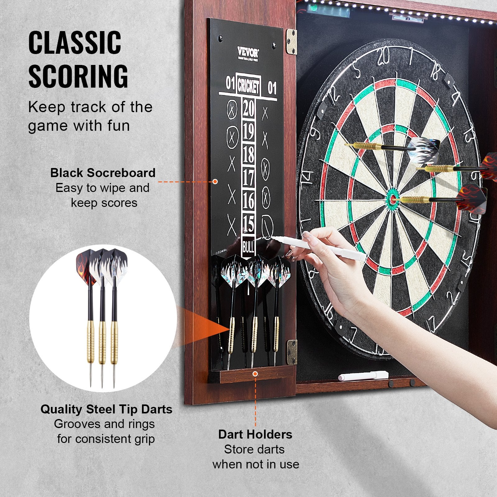 Dartboard and Cabinet Set Official Size Complete Accessory Steel Tip Dart