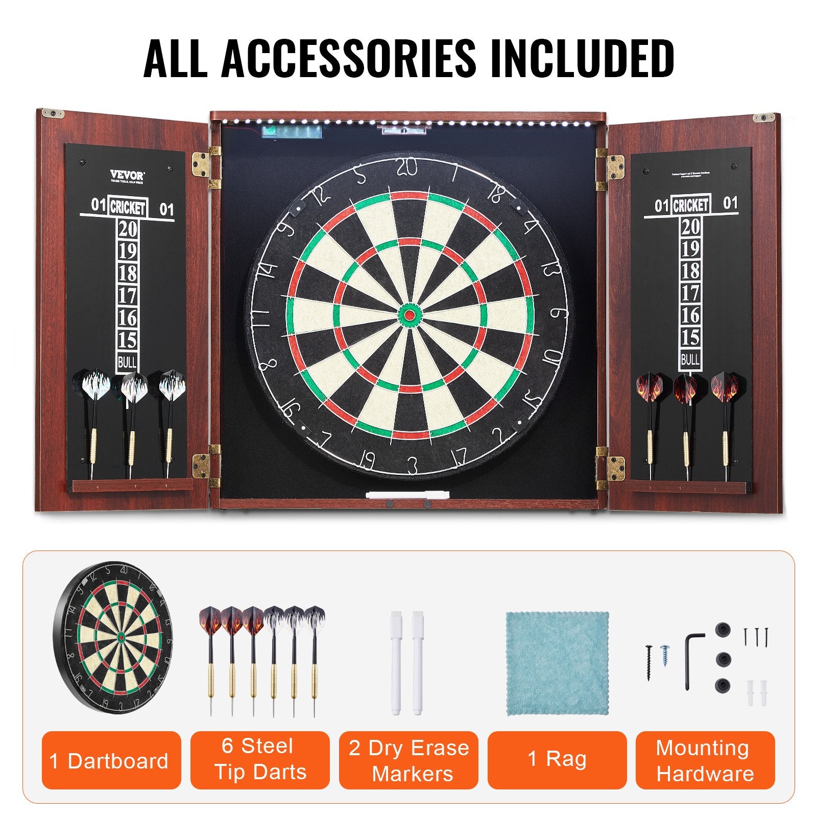 Dartboard and Cabinet Set Official Size Complete Accessory Steel Tip Dart