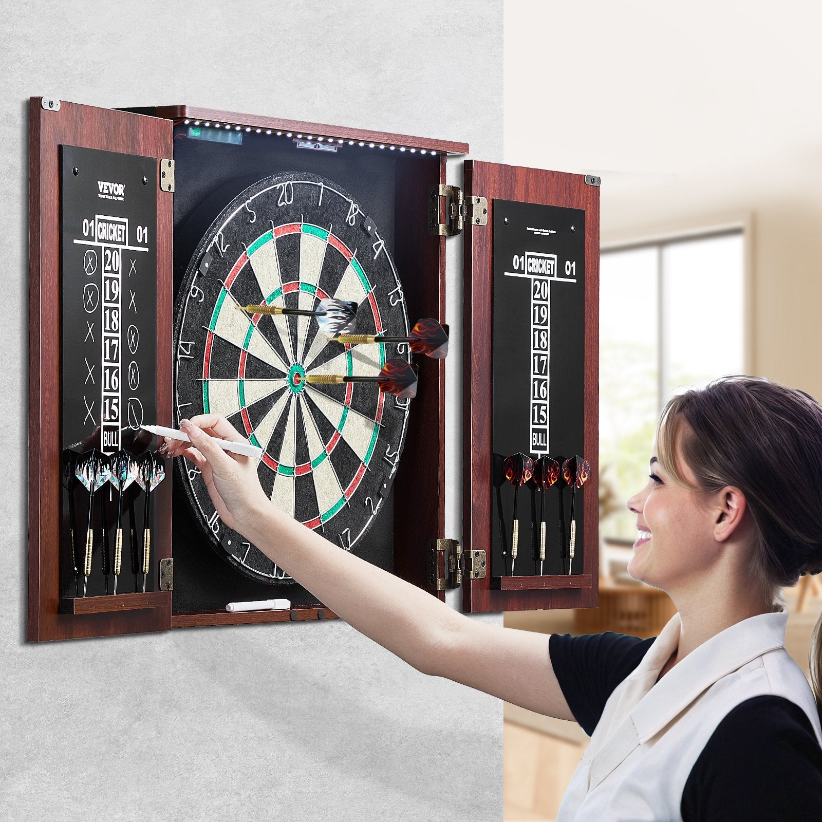 Dartboard and Cabinet Set Official Size Complete Accessory Steel Tip Dart
