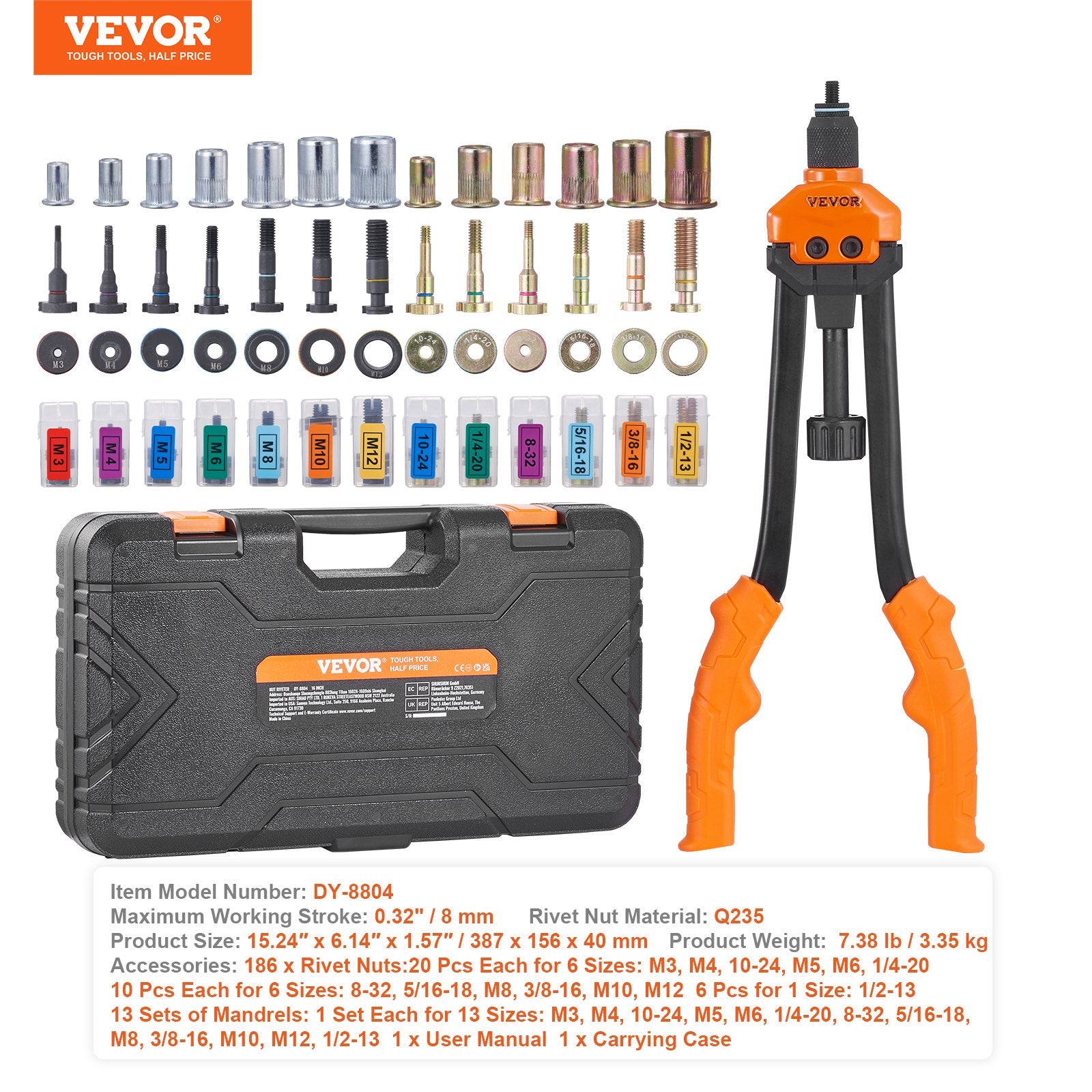 Rivet Nut Tool, 16” Rivnut Tool Kit with 13PCS Metric and SAE Mandrels, 186PCS Rivet Nuts, M3, M4, 10-24, M5, M6, 1/4-20, 8-32, 5/16-18, M8, 3/8-16, M10, M12, 1/2-13, With Carrying Case