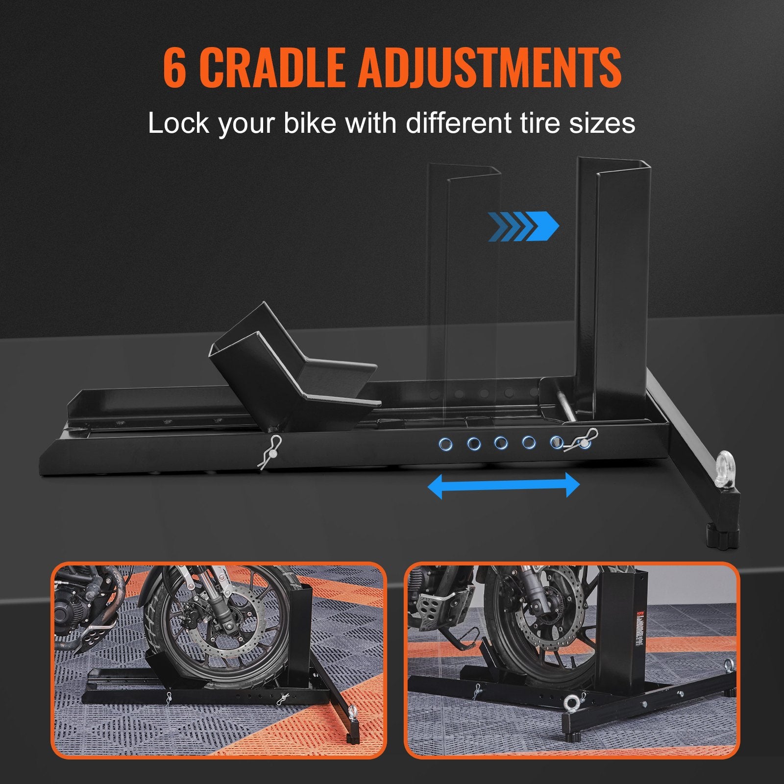 Motorcycle Wheel Chock Upright, 816.5 kg Capacity, Heavy-duty Steel Motorcycle Front Wheel Stand with 6 Adjustable Holes, For 381-558.8 mm Off-Road Motorcycles, Standard Motorcycles