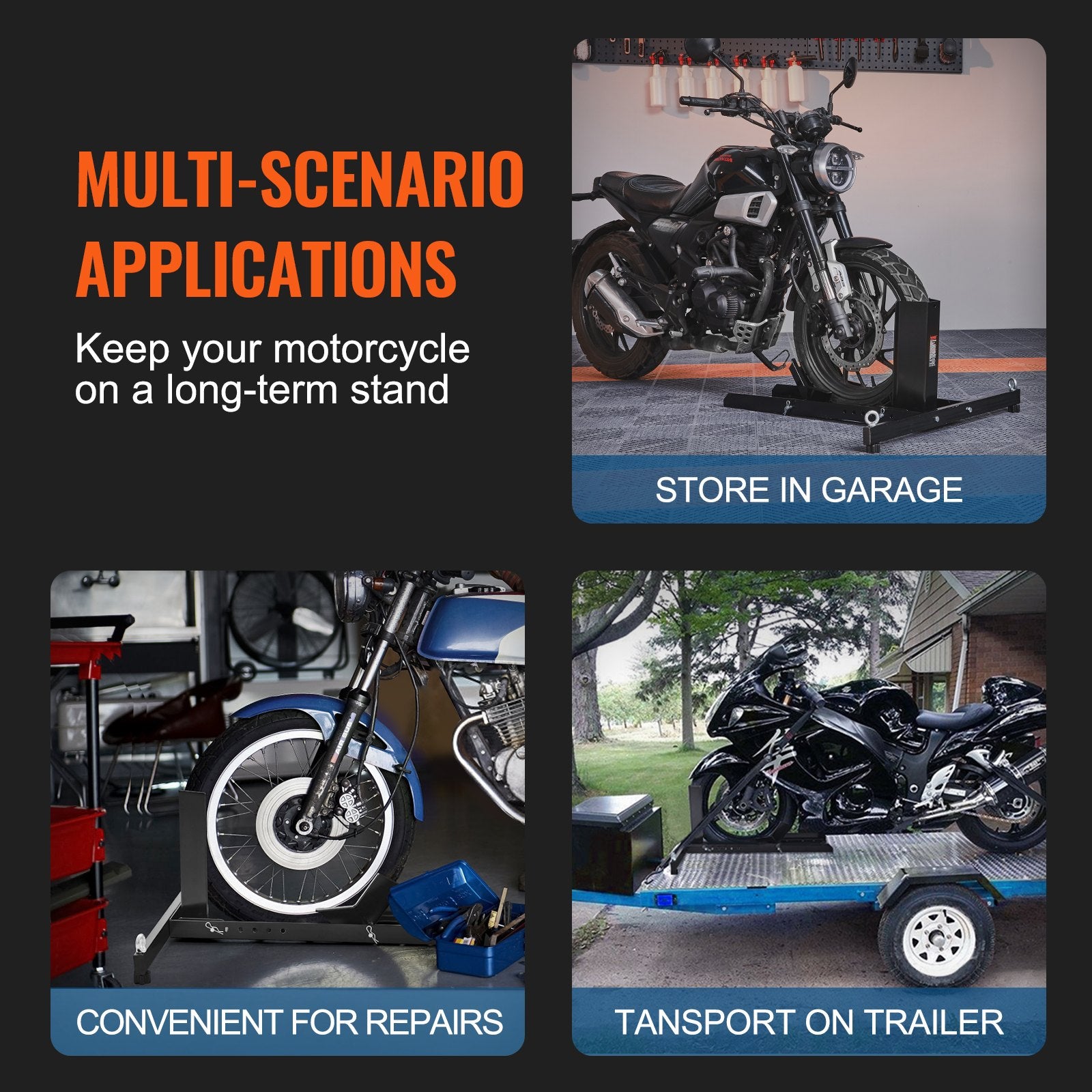 Motorcycle Wheel Chock Upright, 816.5 kg Capacity, Heavy-duty Steel Motorcycle Front Wheel Stand with 6 Adjustable Holes, For 381-558.8 mm Off-Road Motorcycles, Standard Motorcycles