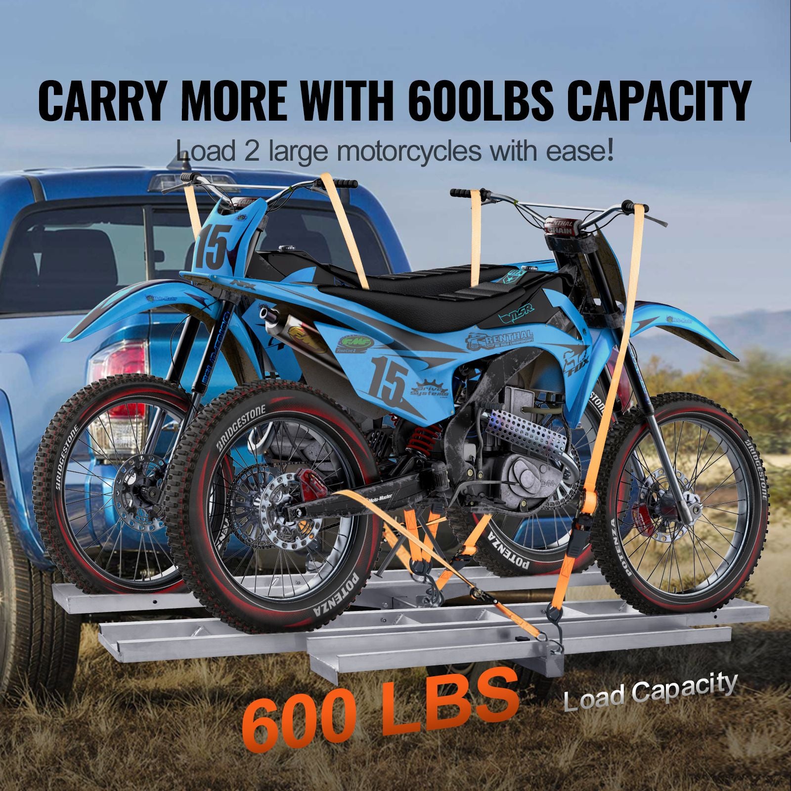 Motorcycle Carrier, 2-Bike 272.15KGS Aluminum Motorcycle Carrier Hitch Mount, Loading Ramp, Scooter Dirt Bike Trailer Hauler, Ratchet Straps and Stabilizer, for Car, Truck with 2" Hitch Receiver