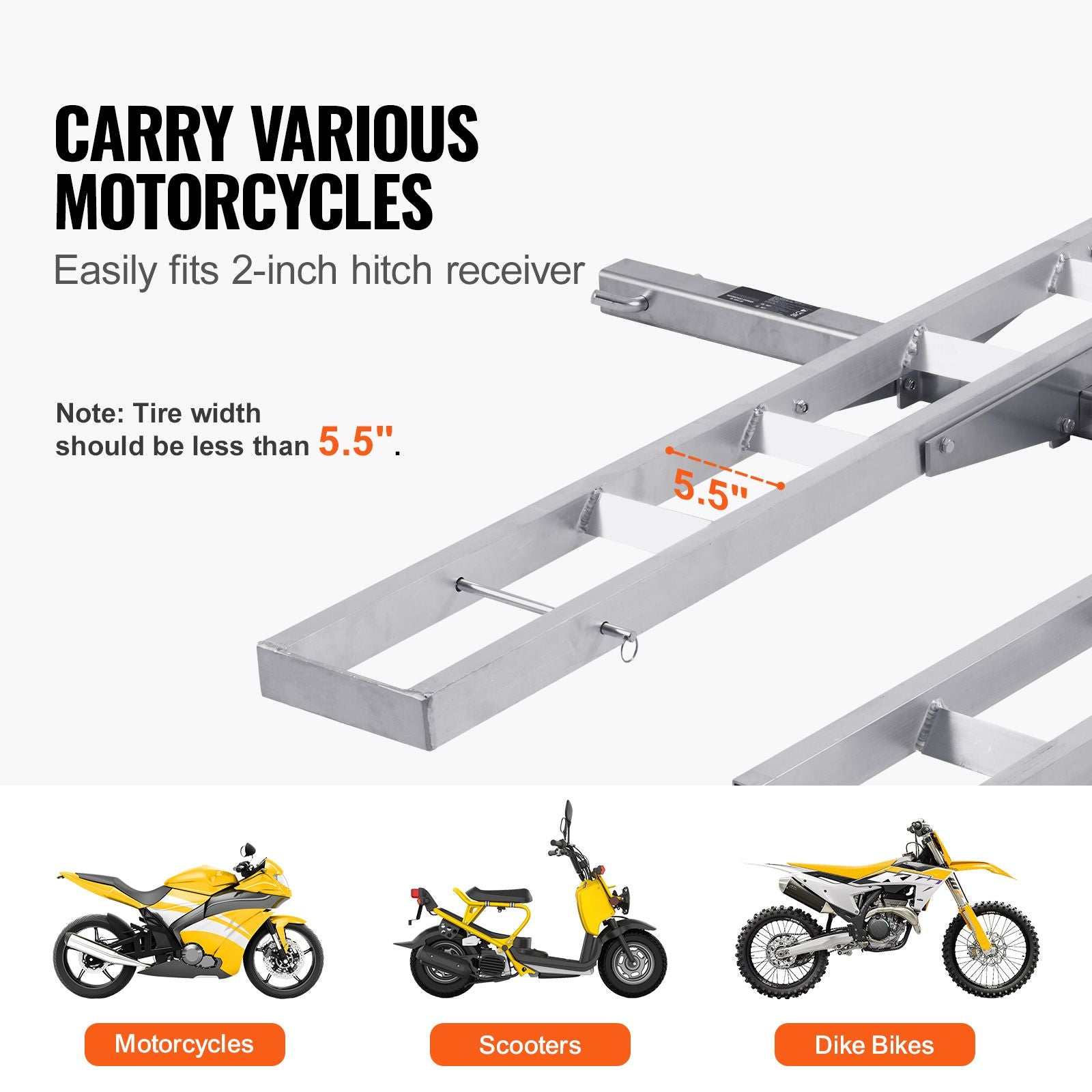 Motorcycle Carrier, 2-Bike 272.15KGS Aluminum Motorcycle Carrier Hitch Mount, Loading Ramp, Scooter Dirt Bike Trailer Hauler, Ratchet Straps and Stabilizer, for Car, Truck with 2