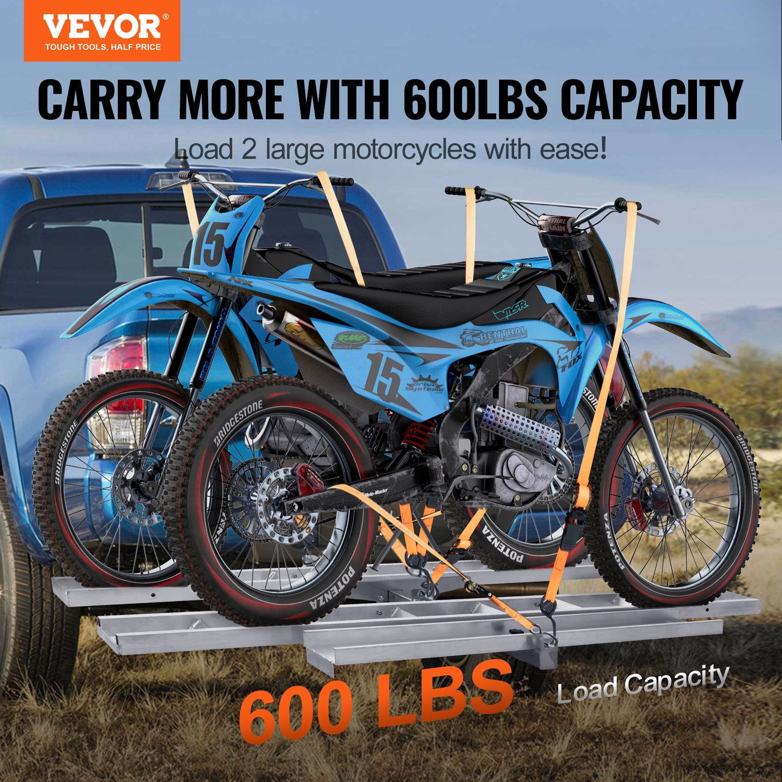 Motorcycle Carrier, 2-Bike 272.15KGS Aluminum Motorcycle Carrier Hitch Mount, Loading Ramp, Scooter Dirt Bike Trailer Hauler, Ratchet Straps and Stabilizer, for Car, Truck with 2