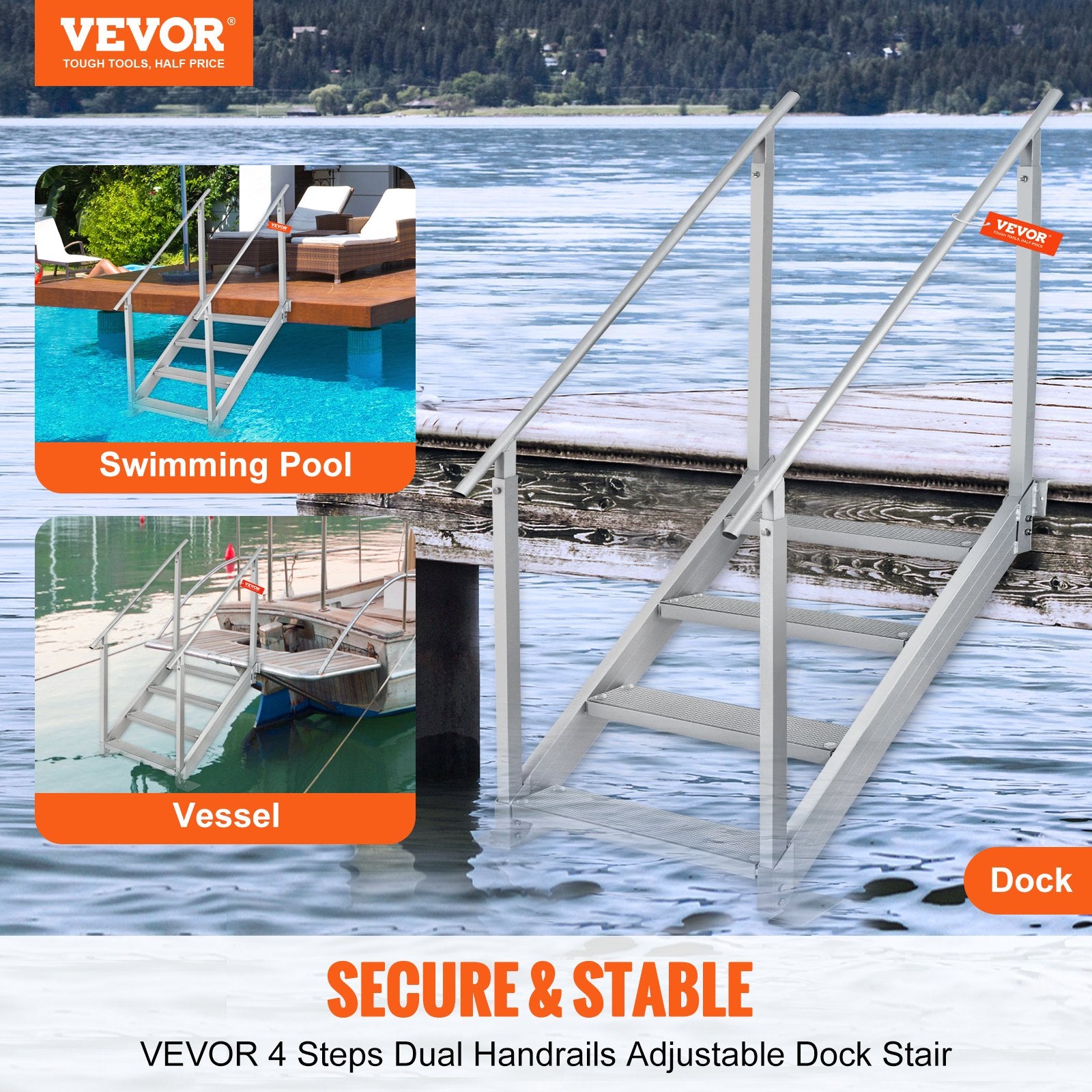 Dock Ladder 4 Step, Dock Stairs 30''-38'' Adjustable Height, 227 kgs Load Capacity, Aluminum Pontoon Boat Ladder with Dual Handrails & Nonslip Mat for Ship/Lake/Pool/Marine Boarding