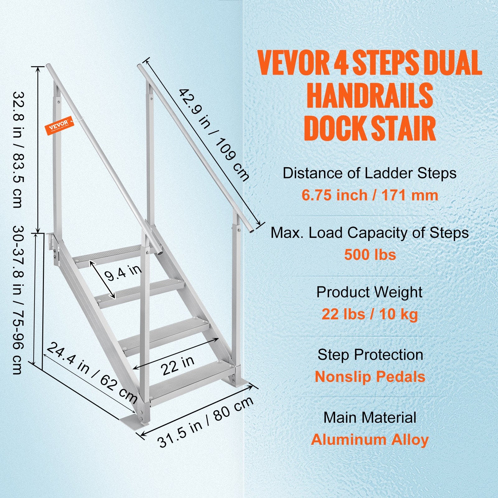 Dock Ladder 4 Step, Dock Stairs 30''-38'' Adjustable Height, 227 kgs Load Capacity, Aluminum Pontoon Boat Ladder with Dual Handrails & Nonslip Mat for Ship/Lake/Pool/Marine Boarding