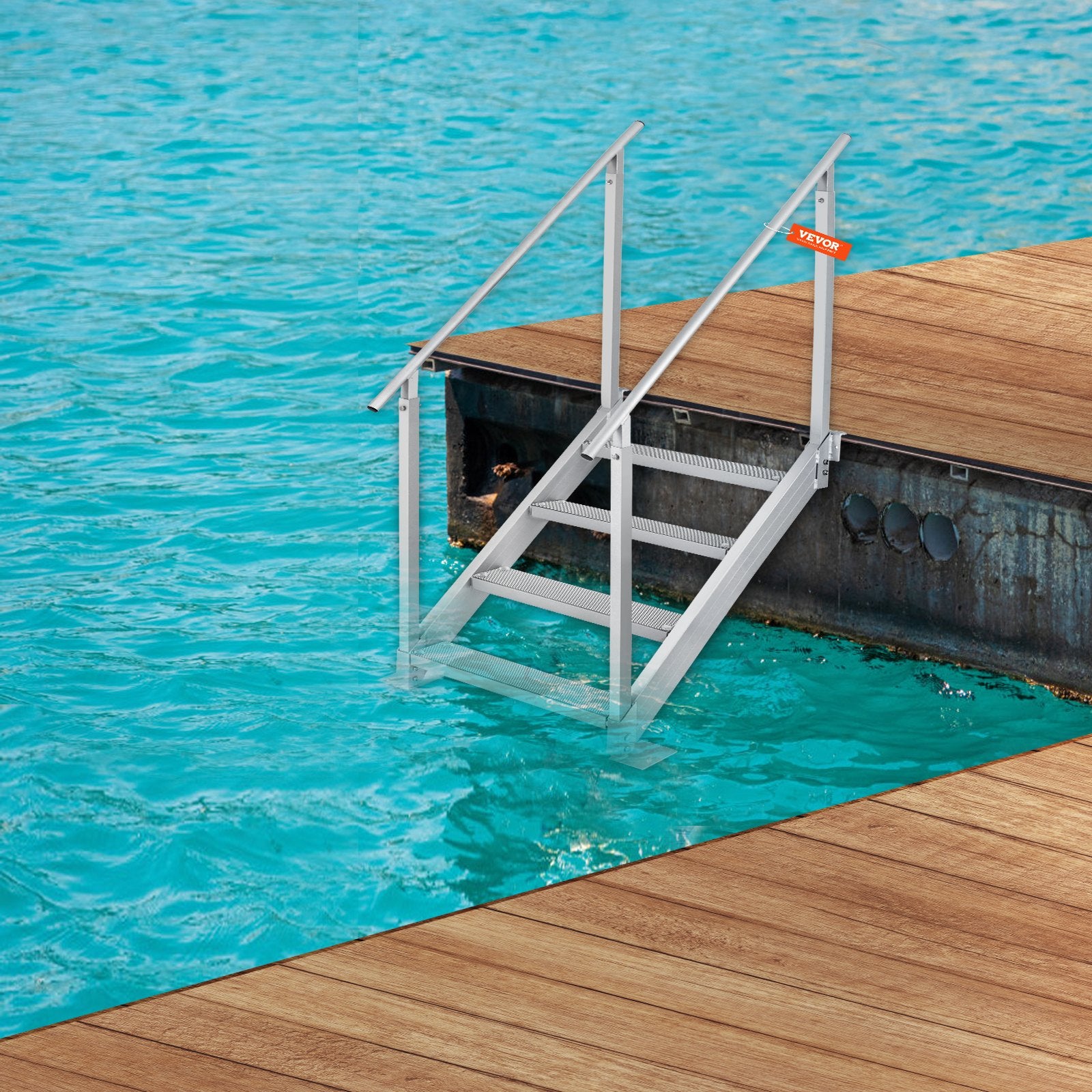 Dock Ladder 4 Step, Dock Stairs 30''-38'' Adjustable Height, 227 kgs Load Capacity, Aluminum Pontoon Boat Ladder with Dual Handrails & Nonslip Mat for Ship/Lake/Pool/Marine Boarding