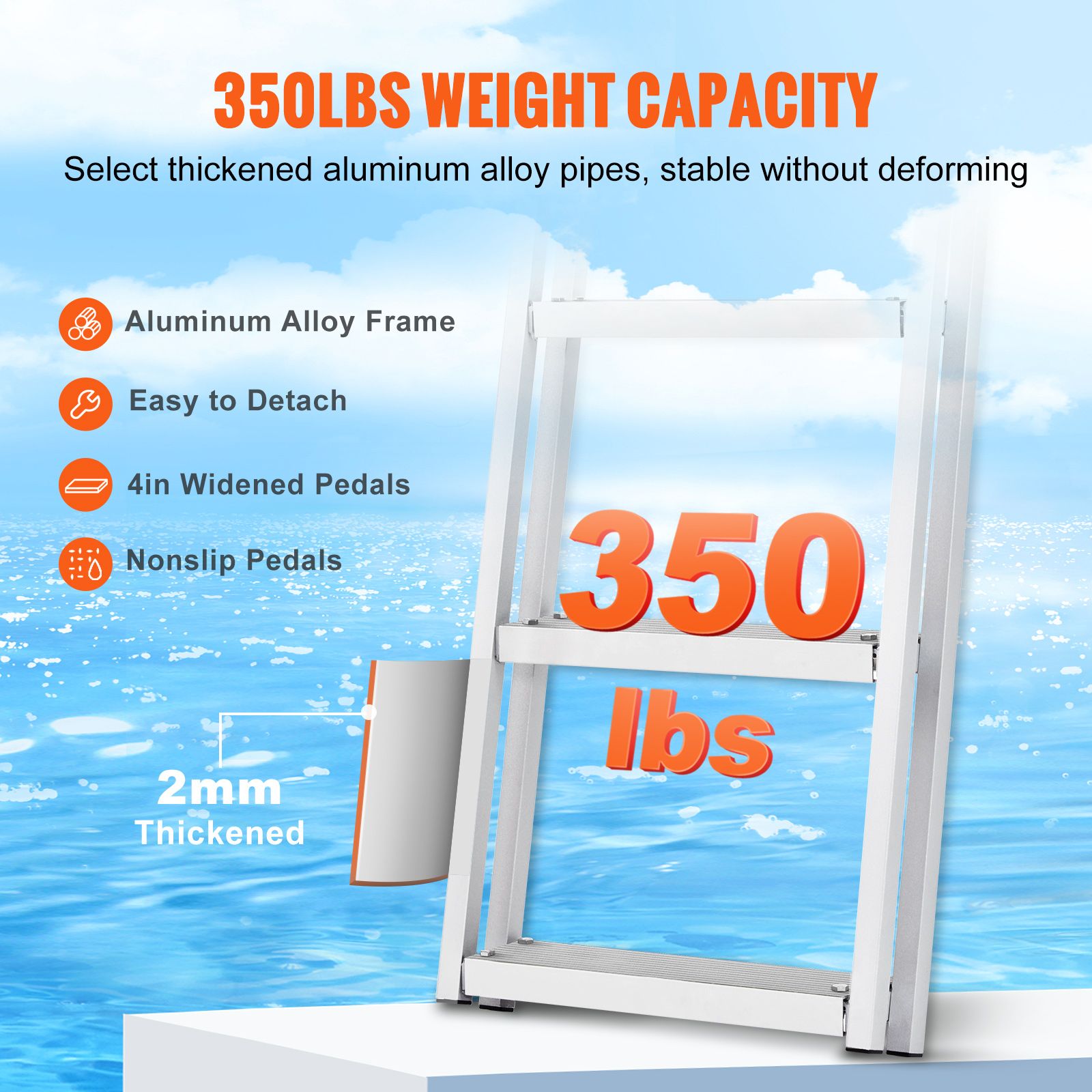 3 Step Aluminum Dock Ladder 350lbs Capacity Removable Pontoon Boat Ladder