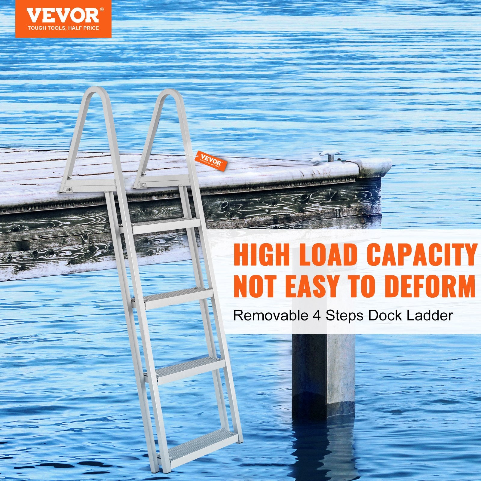 Dock Ladder, Removable 4 Steps, 350 lbs Load Capacity, Aluminum Alloy Pontoon Boat Ladder with 4'' Wide Step & Nonslip Mat, Easy to Install for Ship/Lake/Pool/Marine Boarding