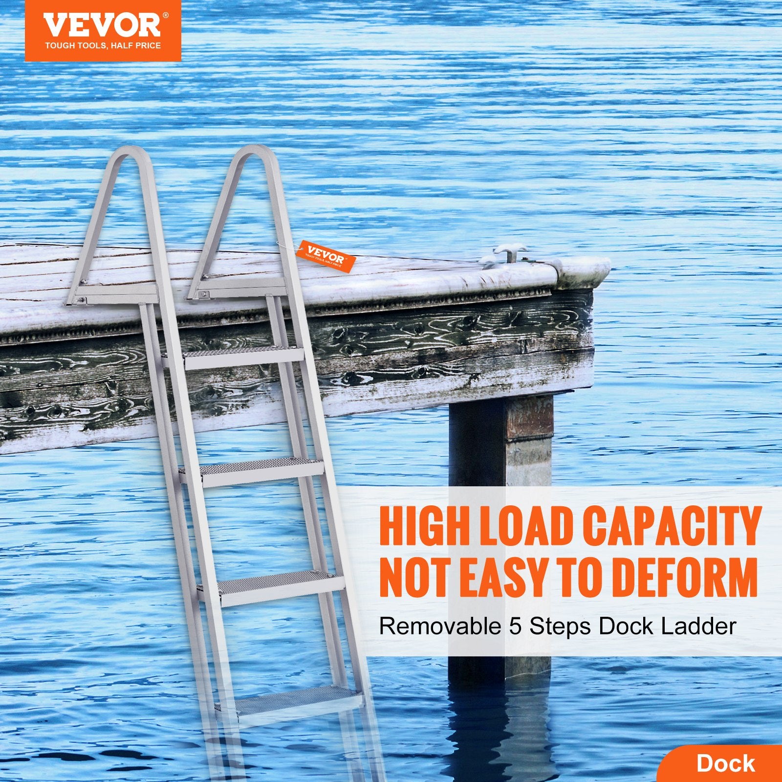 Removable Dock Ladder 5 Steps, 159 kg Load Capacity, Pontoon Boat Ladder with 4'' Wide Step & Nonslip Design for Ship/Lake/Pool/Marine Boarding