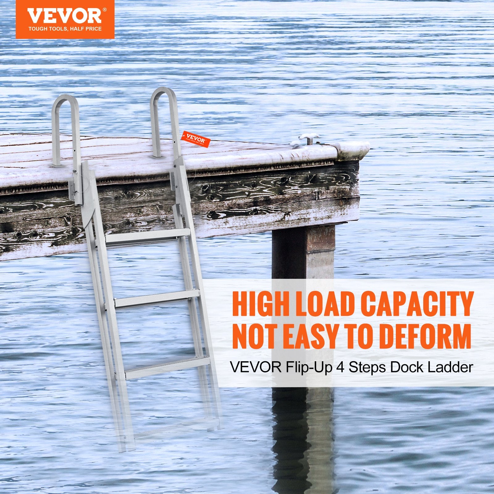 Dock Ladder Flip Up 4 Steps, 159 kg Load Capacity, Aluminum Pontoon Boat Ladder with 4" Wide Step & Nonslip Mat,Swimm Step Ladder for Ship/Lake/Pool/Marine Boarding
