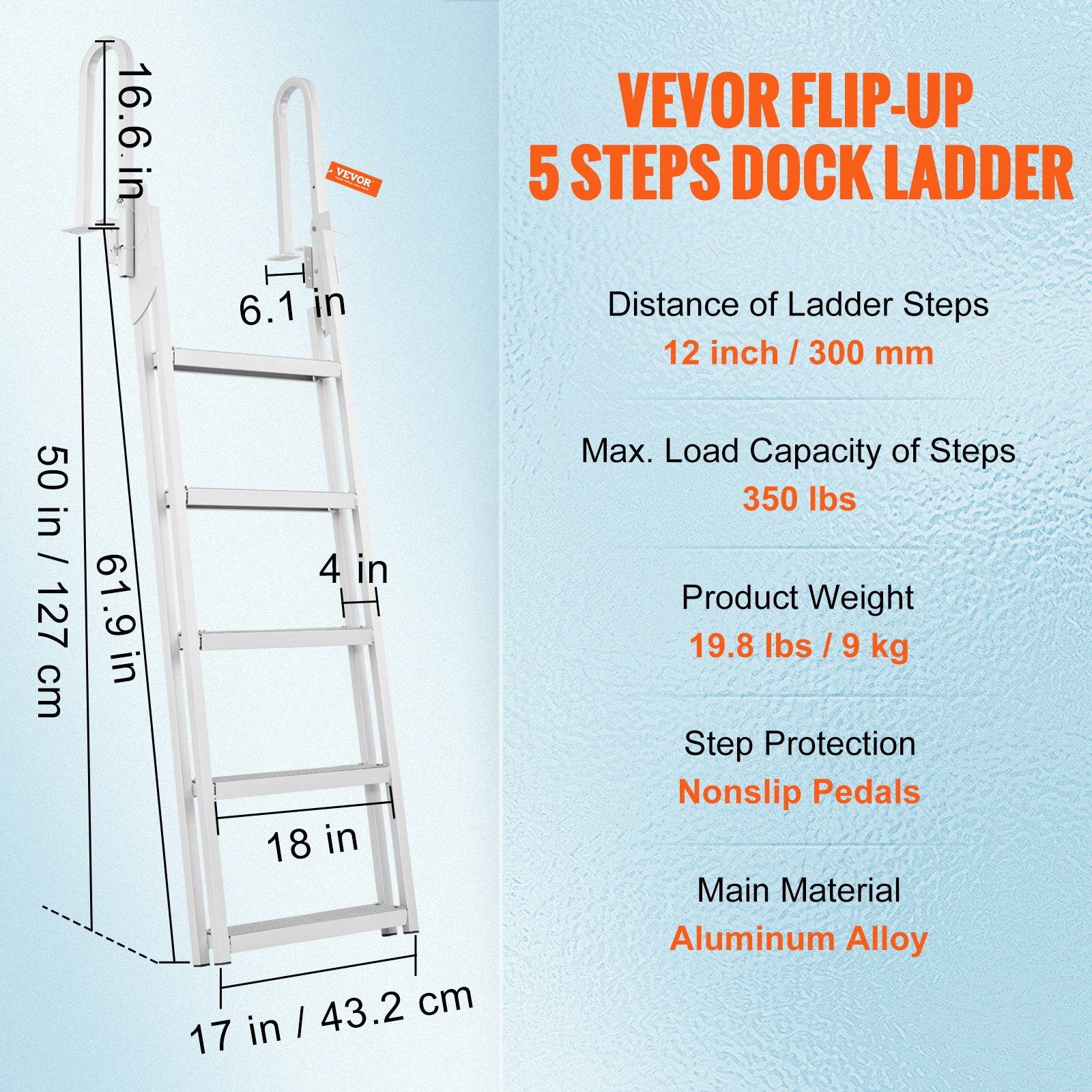 Dock Ladder Flip Up 5 Steps, 350lbs Load Capacity, Aluminum Pontoon Boat Ladder with 4