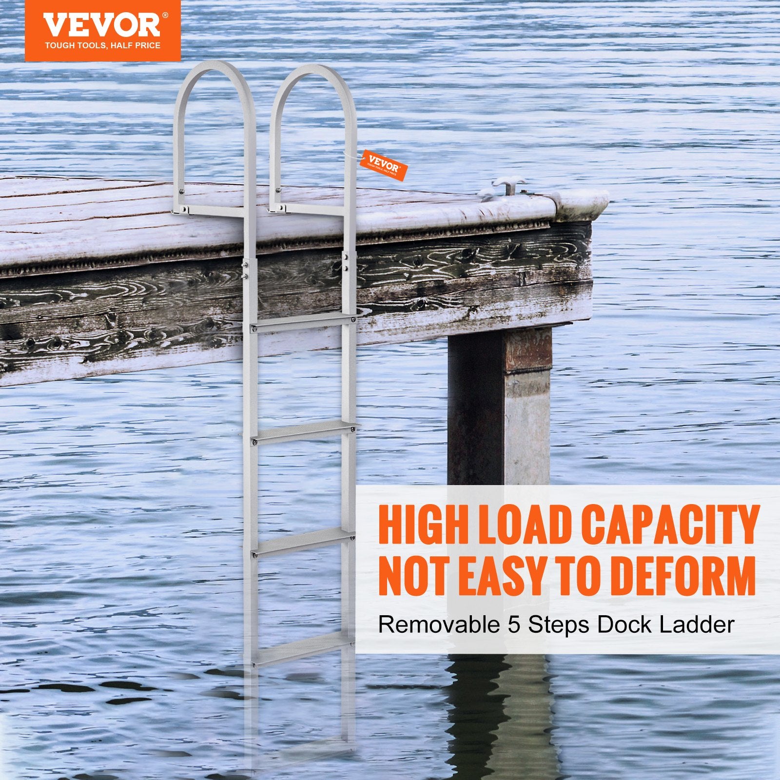 Dock Ladder, Removable 5 Steps, 227 kgs Load Capacity, Aluminum Alloy Pontoon Boat Ladder with 3.1'' Wide Step & Nonslip Rubber Mat, Easy to Install for Ship/Lake/Pool/Marine Boarding