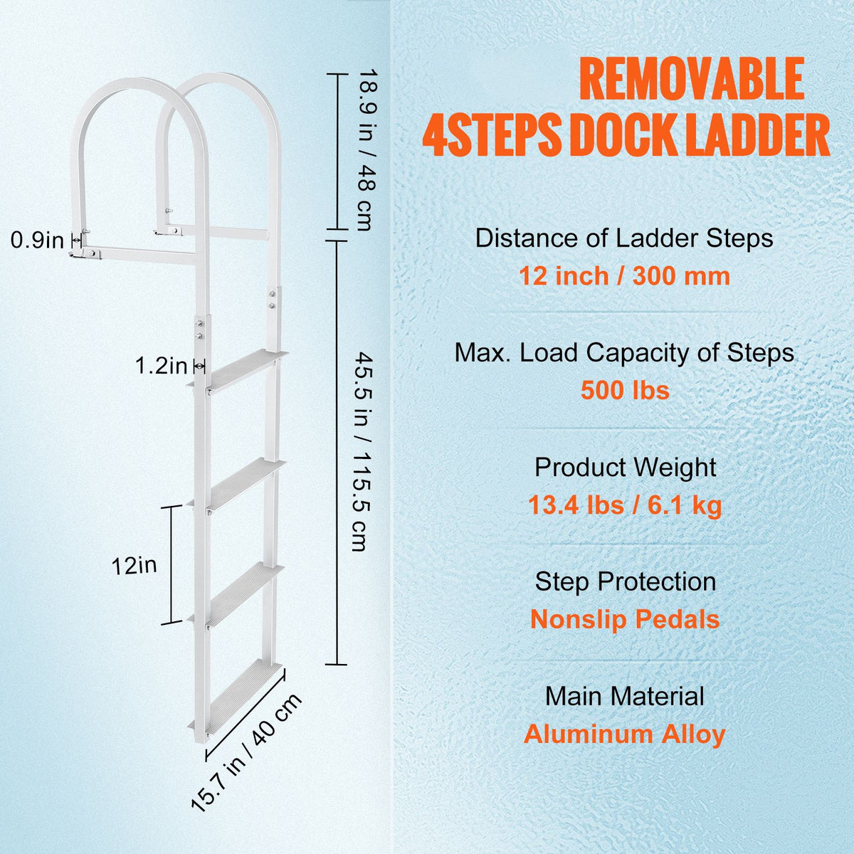 4 Step Aluminum Dock Ladder 500lbs Pontoon Boat Ladder Removable Marine