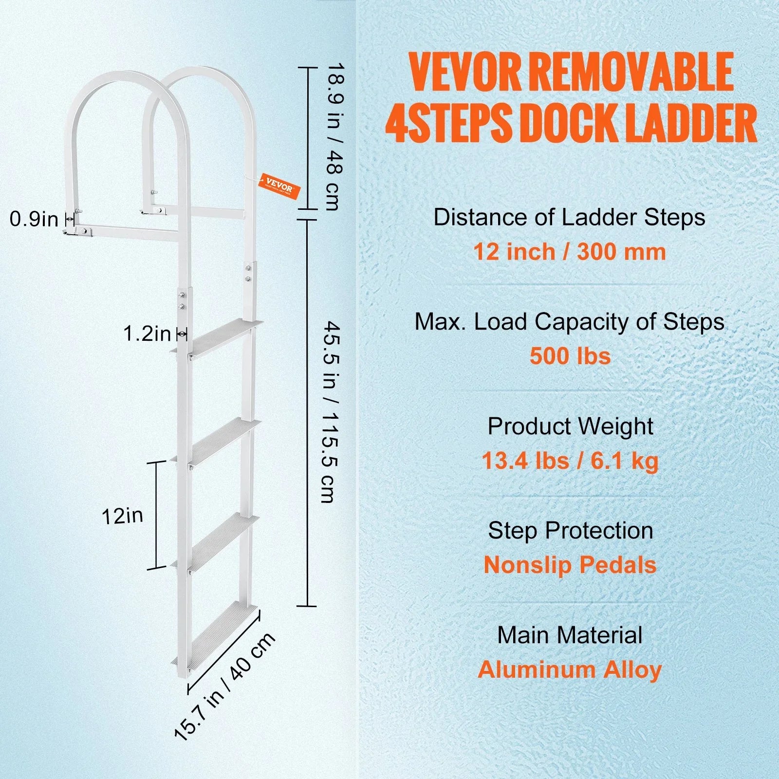 Dock Ladder, Removable 4 Steps, 500 lbs Load Capacity, Aluminum Alloy Pontoon Boat Ladder with 3.1'' Wide Step & Nonslip Rubber Mat, Easy to Install for Ship/Lake/Pool/Marine Boarding