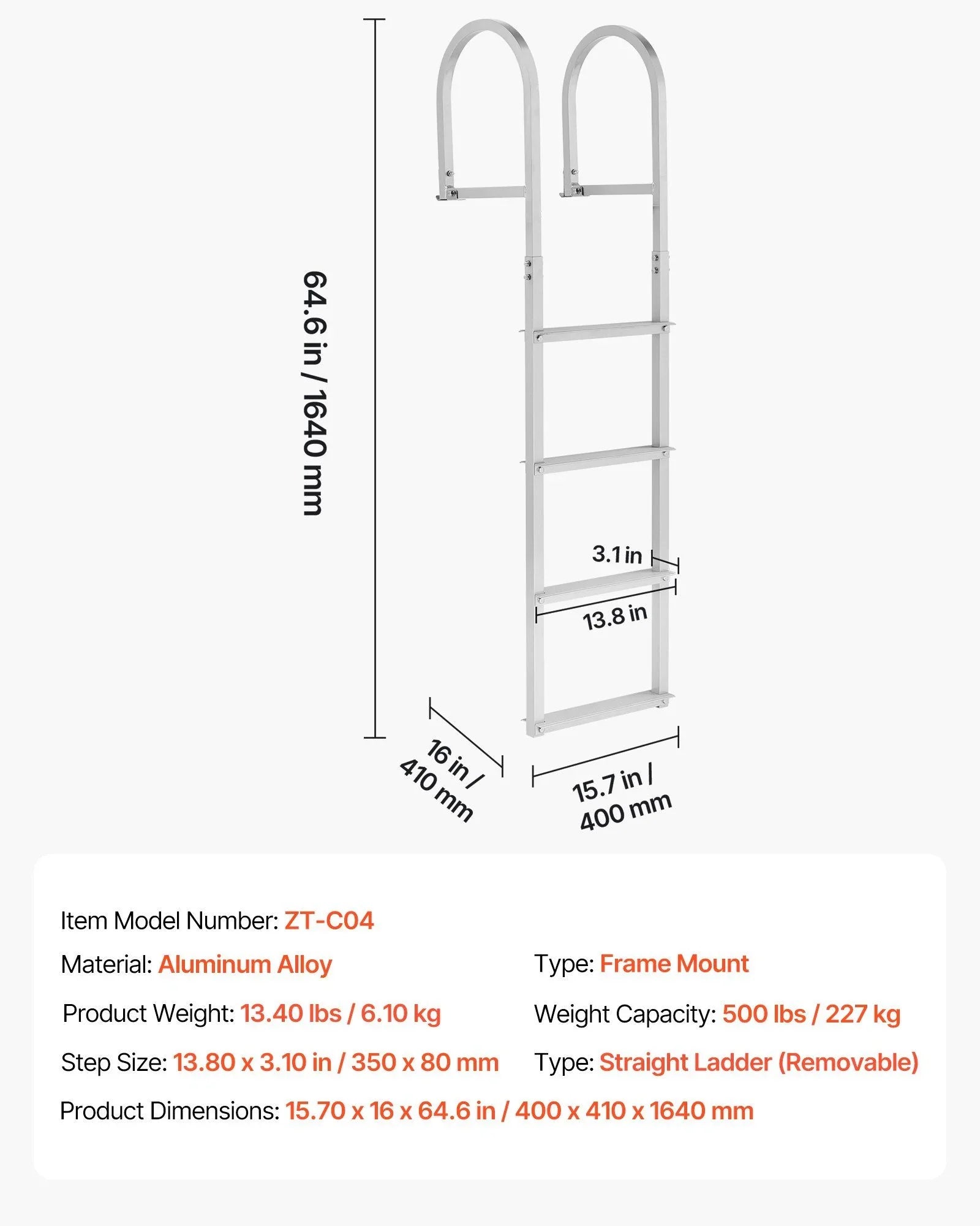 Removable Dock Ladder, 4 Steps, Aluminum Alloy Pontoon Boat Swim Ladder, with Non-Slip Wide Steps, 227 kg Weight Capacity, Quick Release Design, for Lake Swimming, Pool, Boat, Marine Boarding