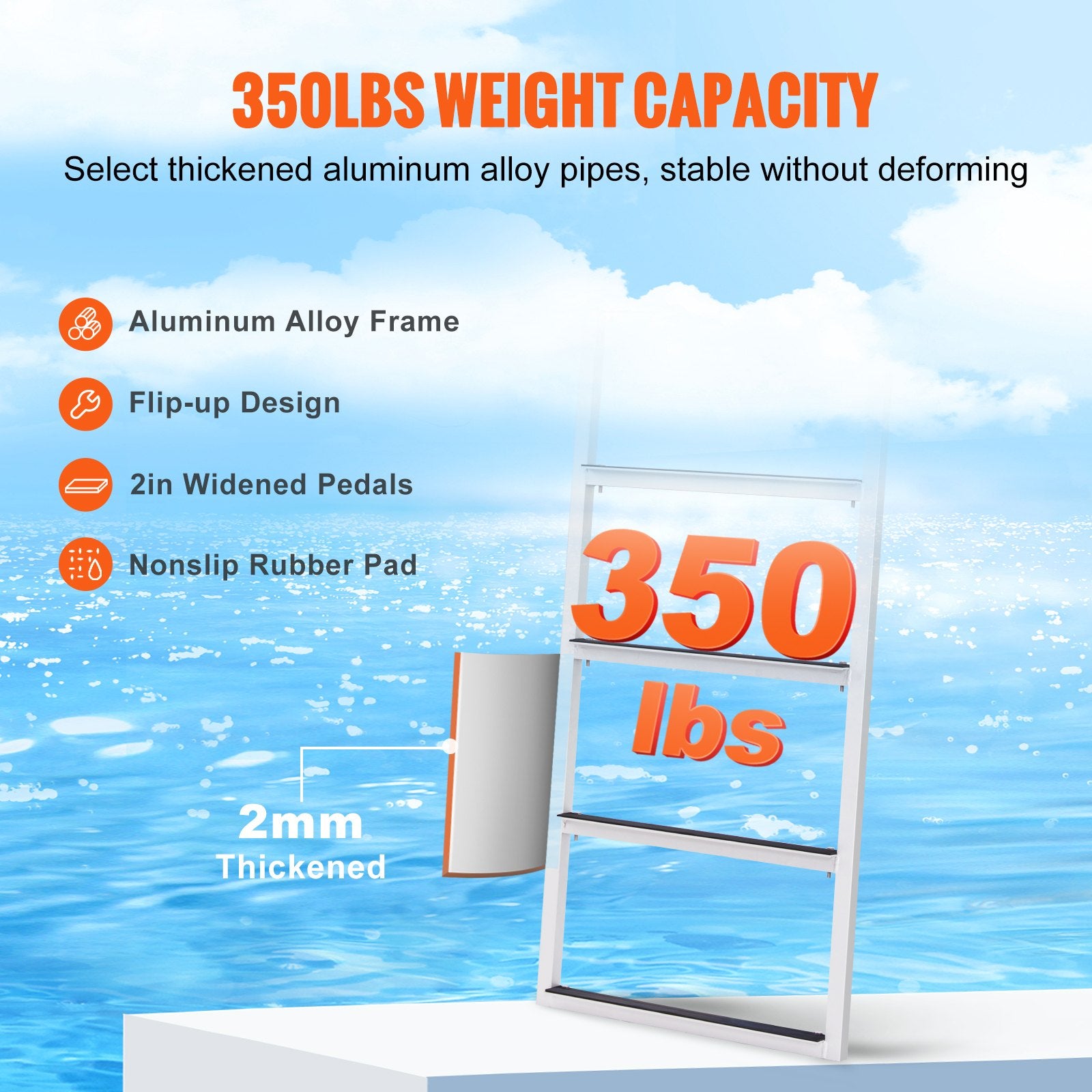 Dock Ladder, Flip-Up 4 Steps, 159 kg Load Capacity, Aluminum Alloy Pontoon Boat Ladder with 50.8 mm Wide Step & Nonslip Rubber Mat, Easy to Install for Ship/Lake/Pool/Marine Boarding