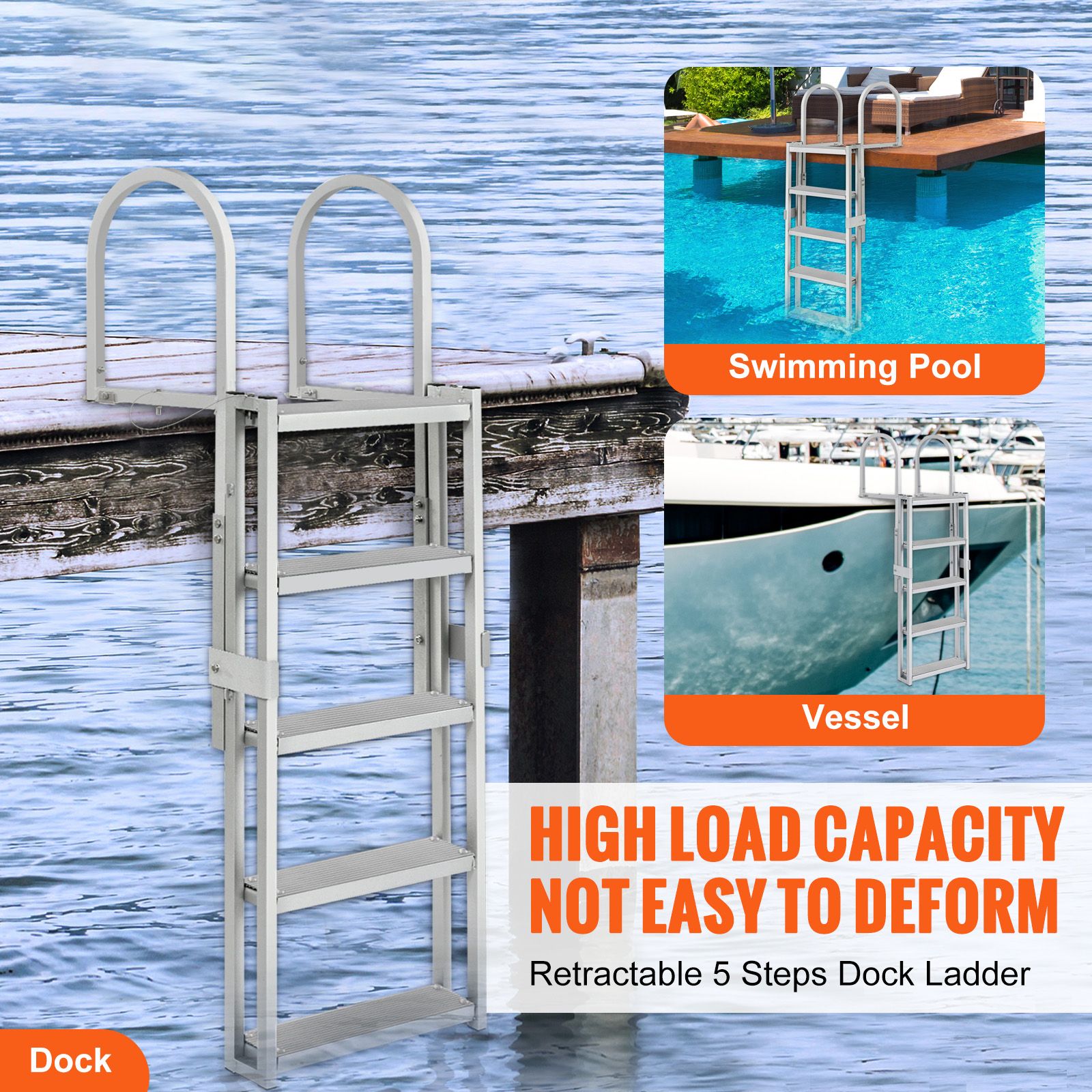 5 Step Retractable Dock Ladder Aluminum Boat Pool Ladder 350lbs Capacity