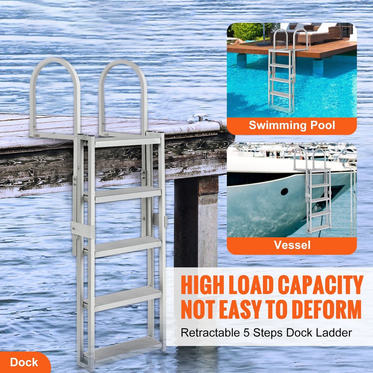 5 Step Retractable Dock Ladder Aluminum Boat Pool Ladder 350lbs Capacity