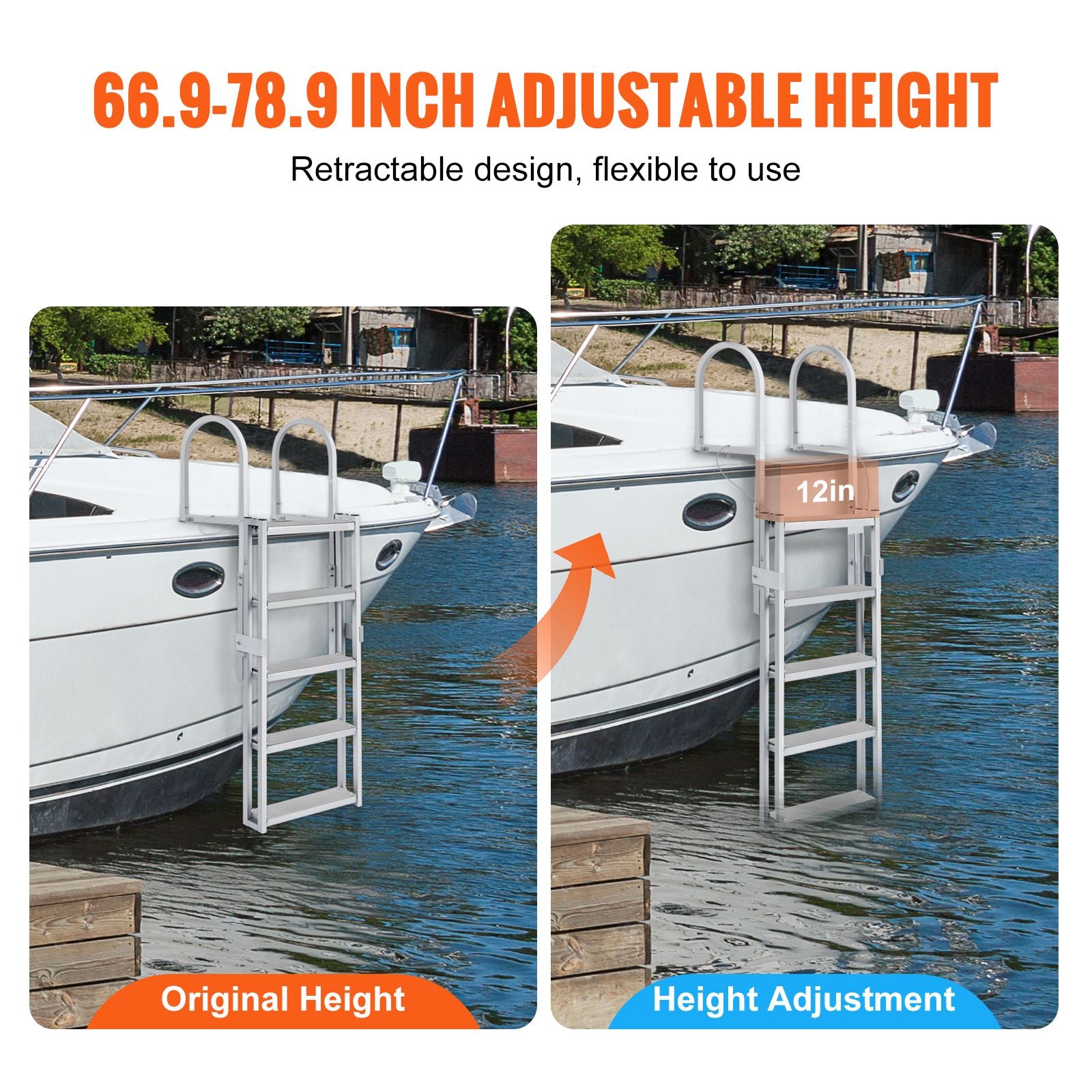 5 Step Retractable Dock Ladder Aluminum Boat Pool Ladder 350lbs Capacity