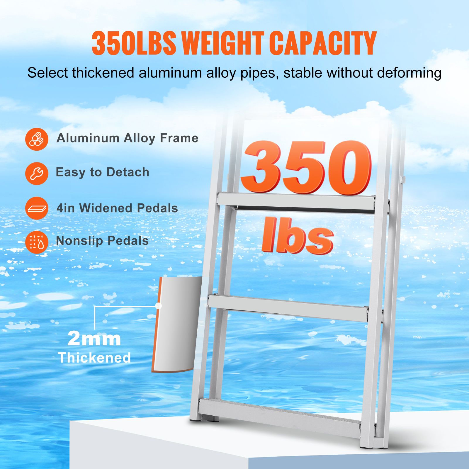 5 Step Retractable Dock Ladder Aluminum Boat Pool Ladder 350lbs Capacity