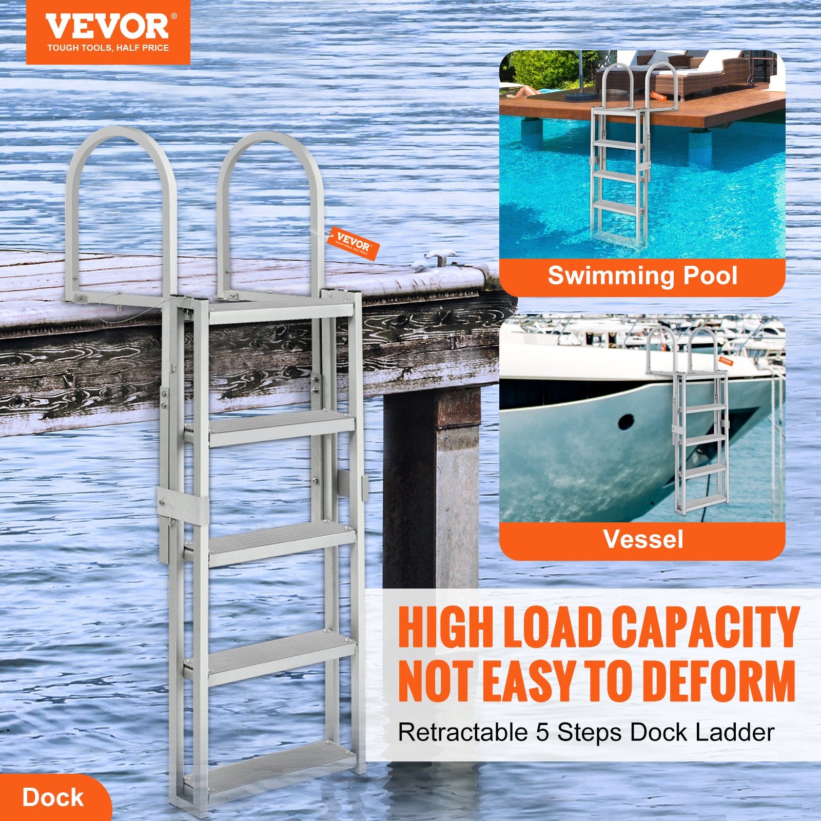 Dock Ladder, Retractable 5 Steps, 350 lbs Load Capacity, Aluminum Alloy Pontoon Boat Ladder with 66.9''-78.9'' Adjustable Height, 4'' Wide Step & Mat, for Ship/Lake/Pool/Marine Boarding