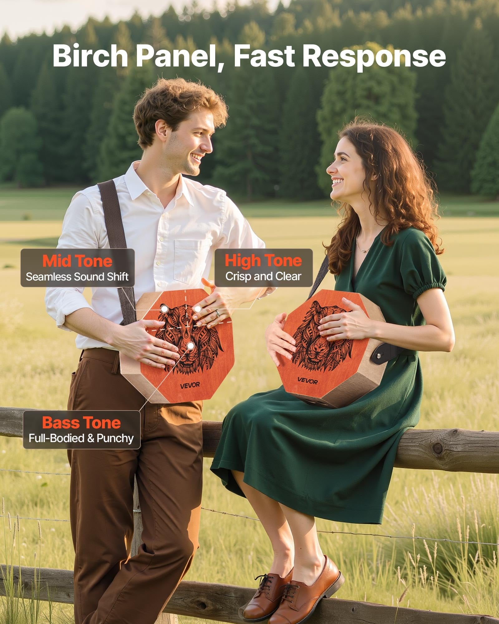 Unique Cajon Box Drum, with Internal  Guitar Strings, Portable Wooden Percussion Box, Birch Wood Drum Musical Instrument with Adjustable Strap, for Beginners & Professionals, 295 x 295 x 100 mm