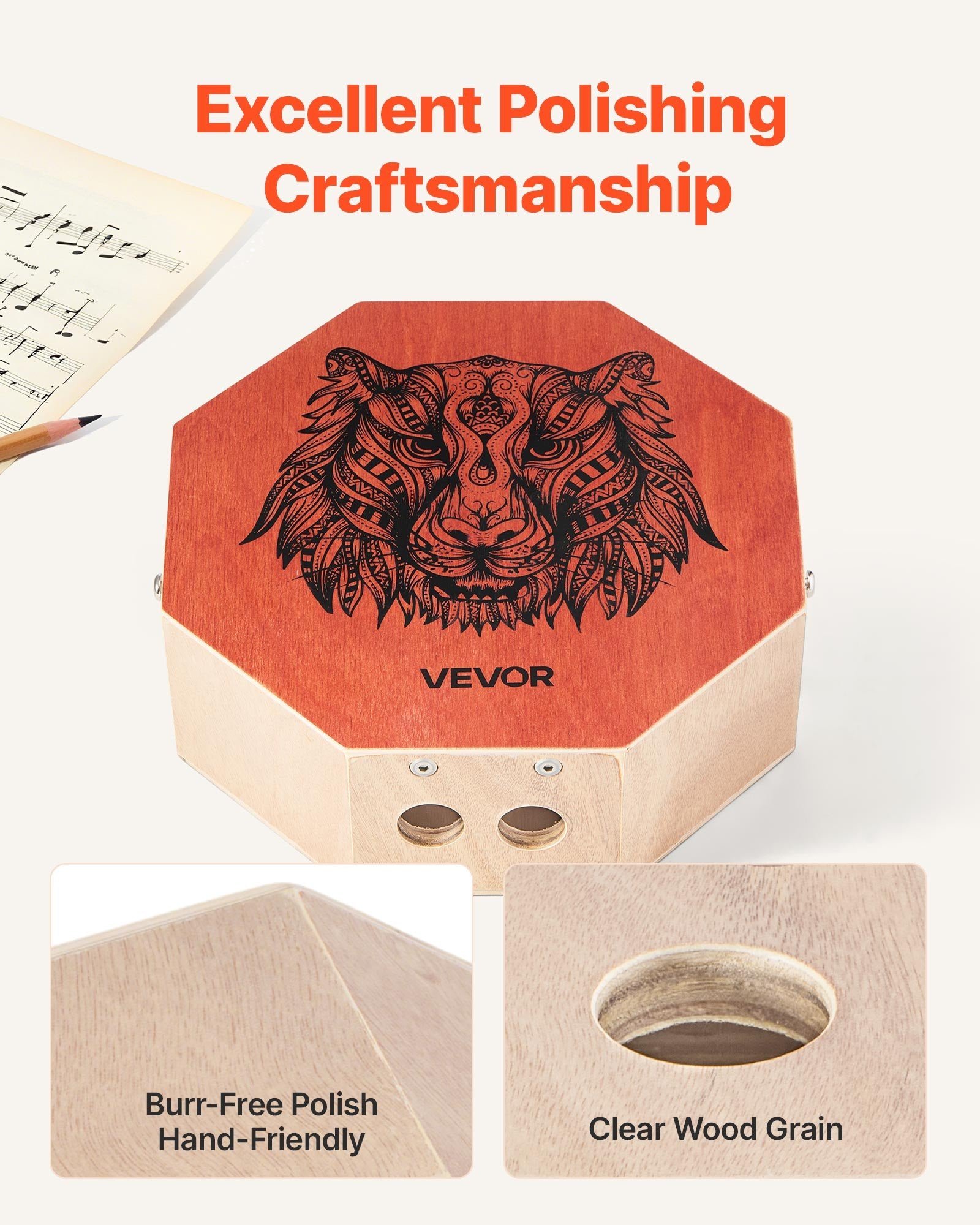 Unique Cajon Box Drum, with Internal  Guitar Strings, Portable Wooden Percussion Box, Birch Wood Drum Musical Instrument with Adjustable Strap, for Beginners & Professionals, 295 x 295 x 100 mm