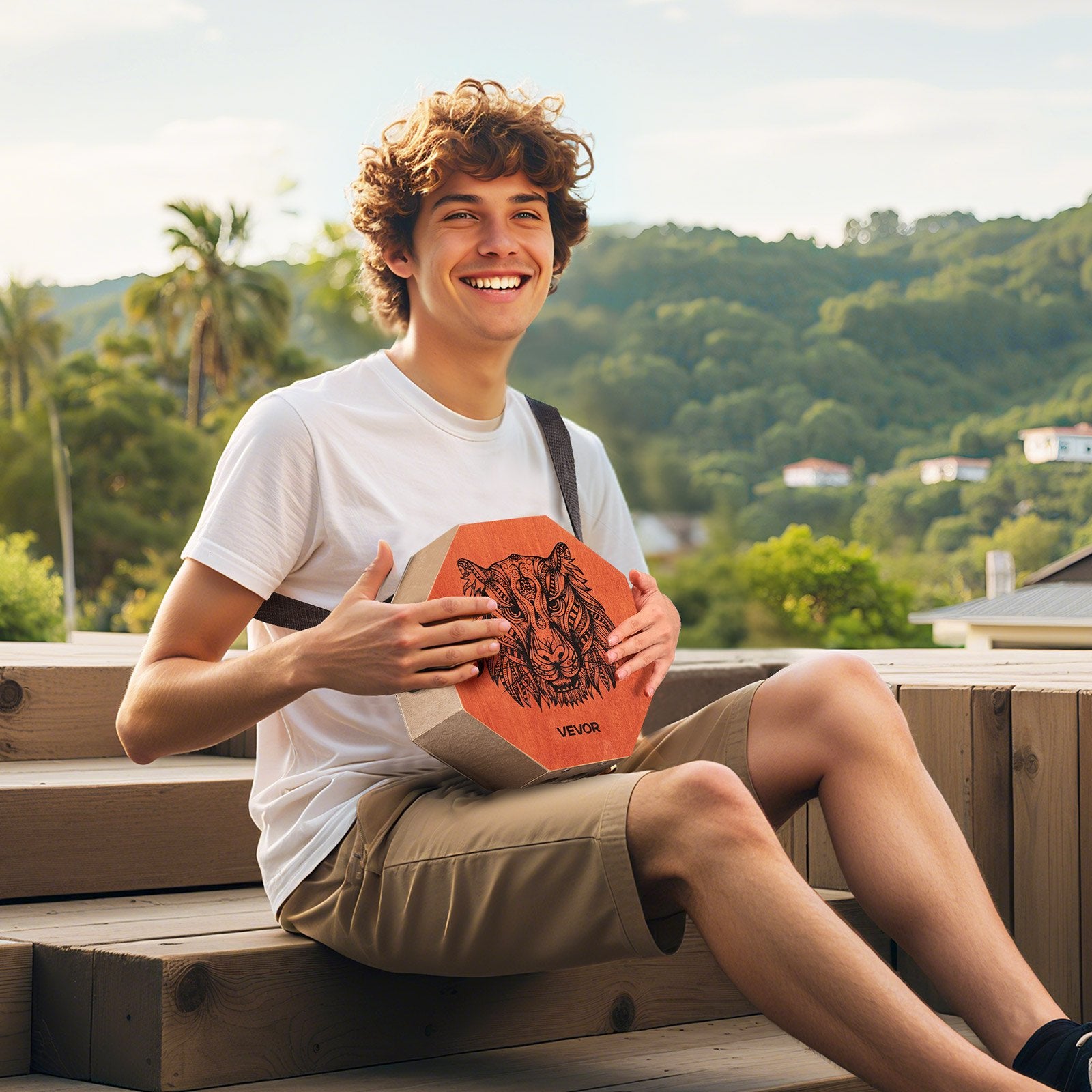 Unique Cajon Box Drum, with Internal  Guitar Strings, Portable Wooden Percussion Box, Birch Wood Drum Musical Instrument with Adjustable Strap, for Beginners & Professionals, 295 x 295 x 100 mm