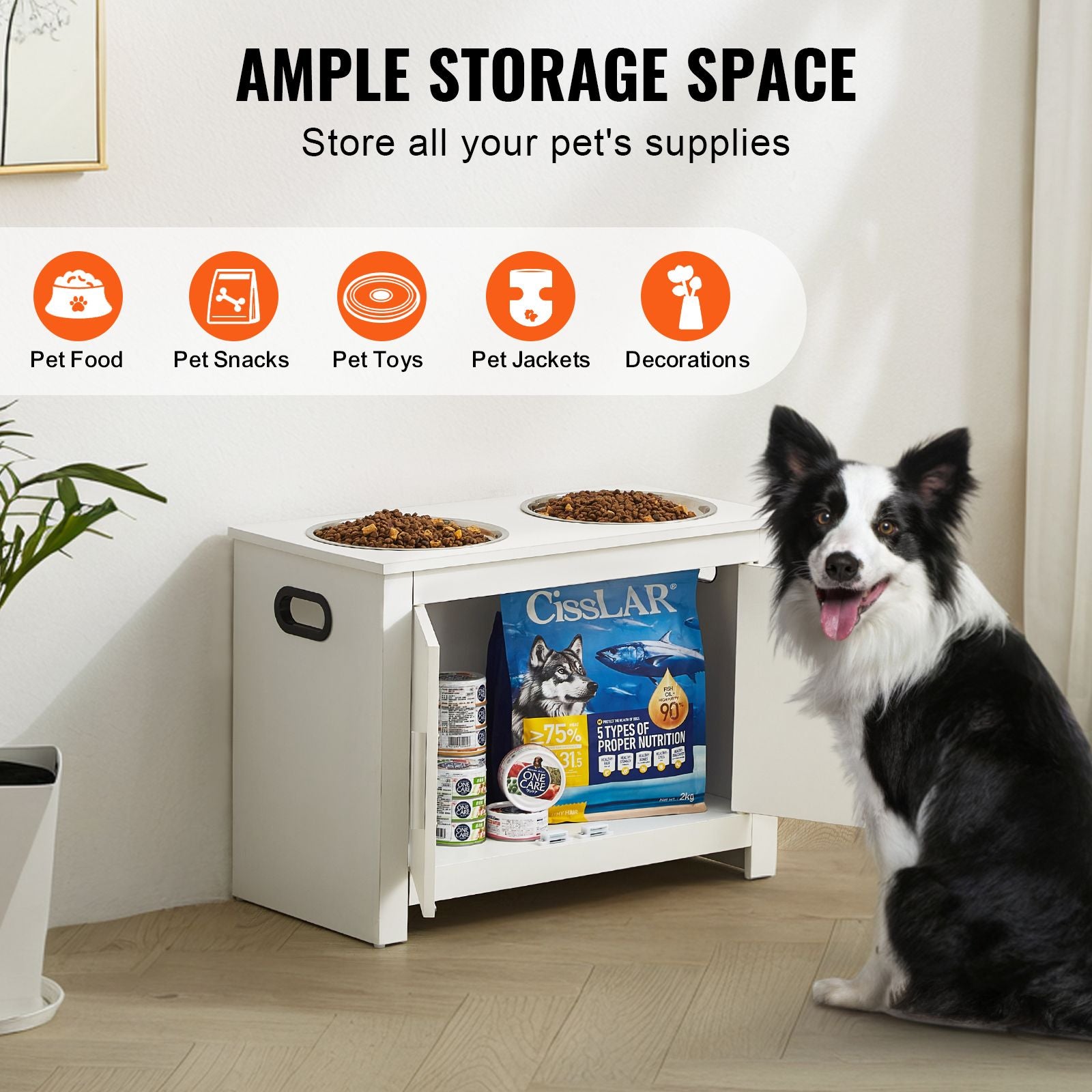 Pet Feeding Station with 2 Elevated Dog Bowls Food and Toy Storage Cabinet Set