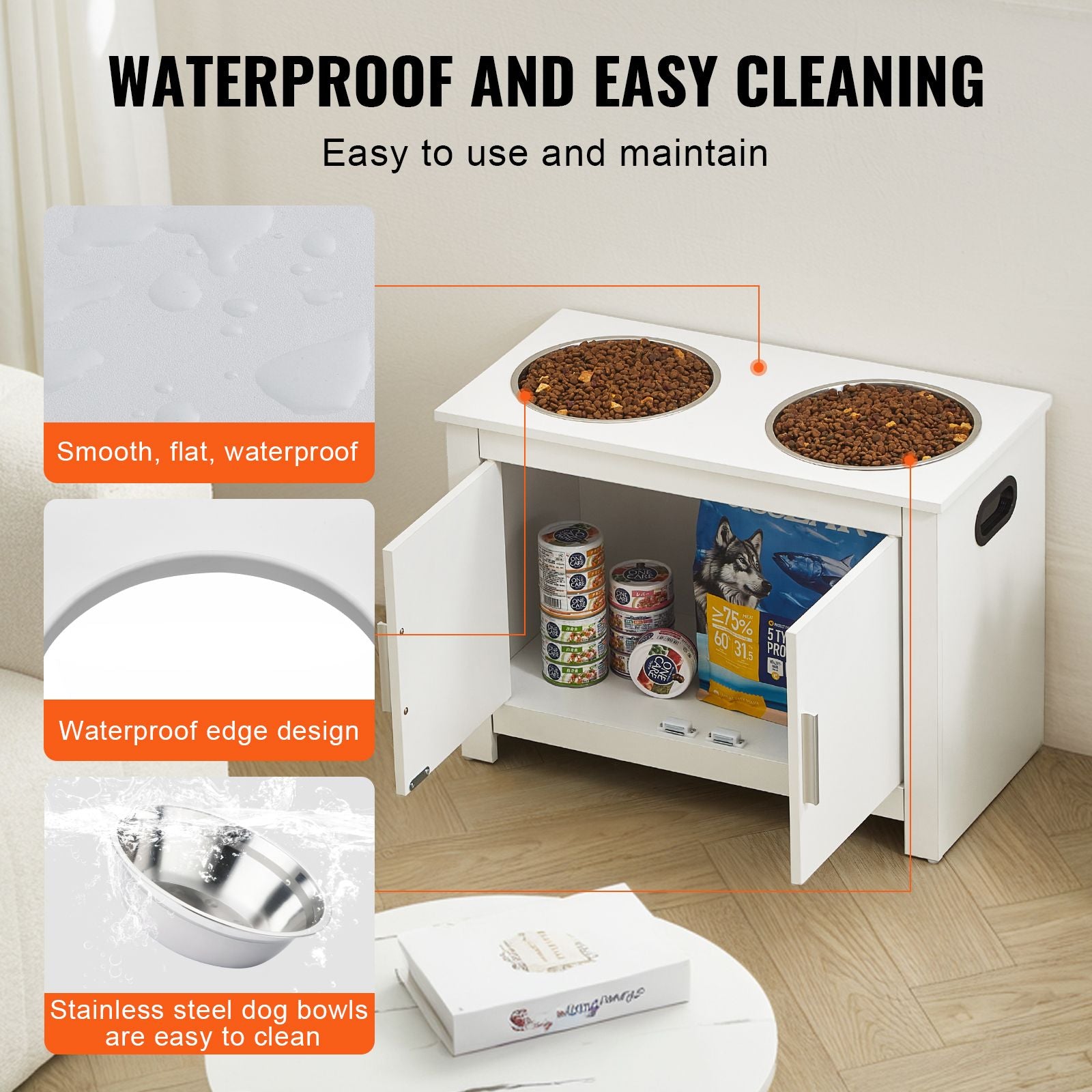 Pet Feeding Station with 2 Elevated Dog Bowls Food and Toy Storage Cabinet Set