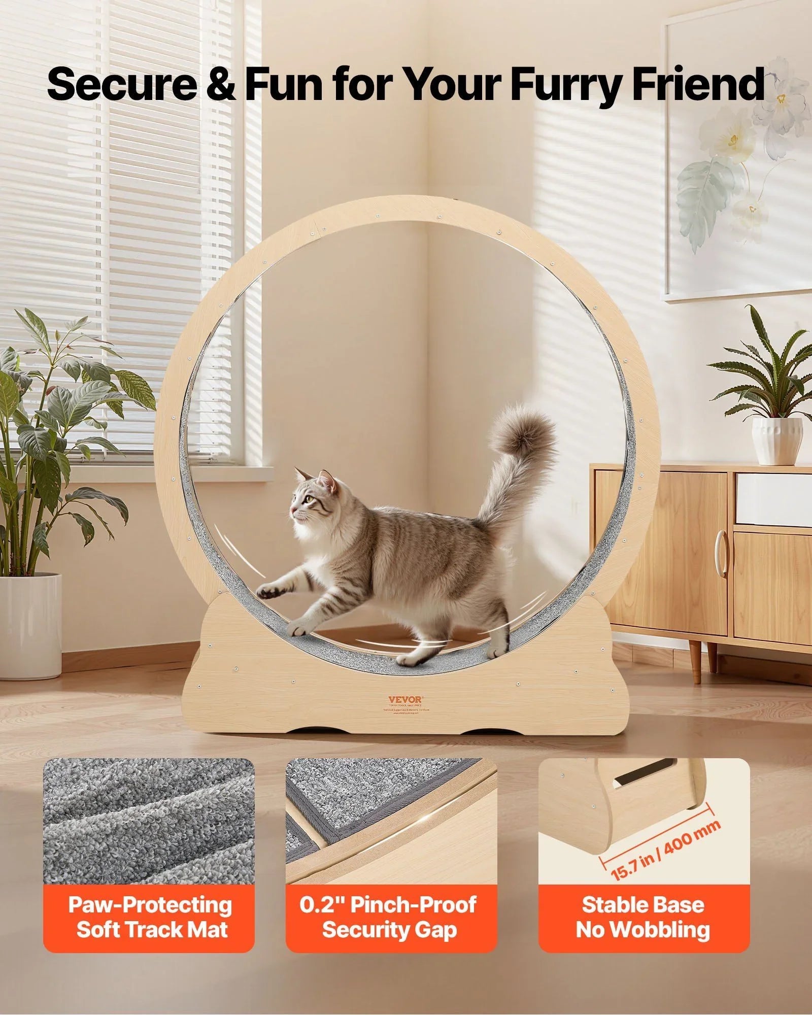 Cat Exercise Wheel, 120cm Wooden Cat Running Wheel for Indoor Cats up to 12.7kg Cats Treadmill with Carpeted Runway & Locking Mechanism, Quiet Roller Kitten Sport Toys for Pets Fitness & Health