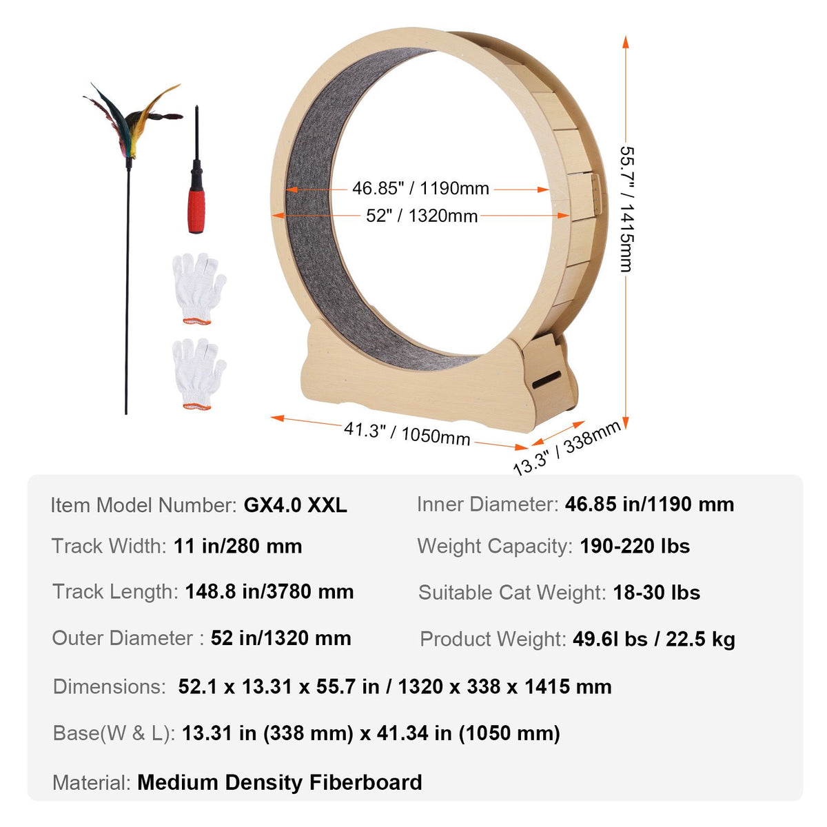 1320mm Wooden Cat Exercise Wheel Large Indoor Cat Running Treadmill