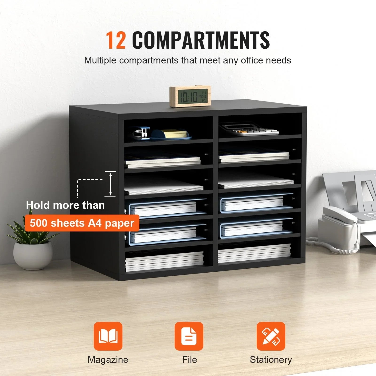 Wood Literature Organizer Adjustable File Sorter 12 Compartments Black