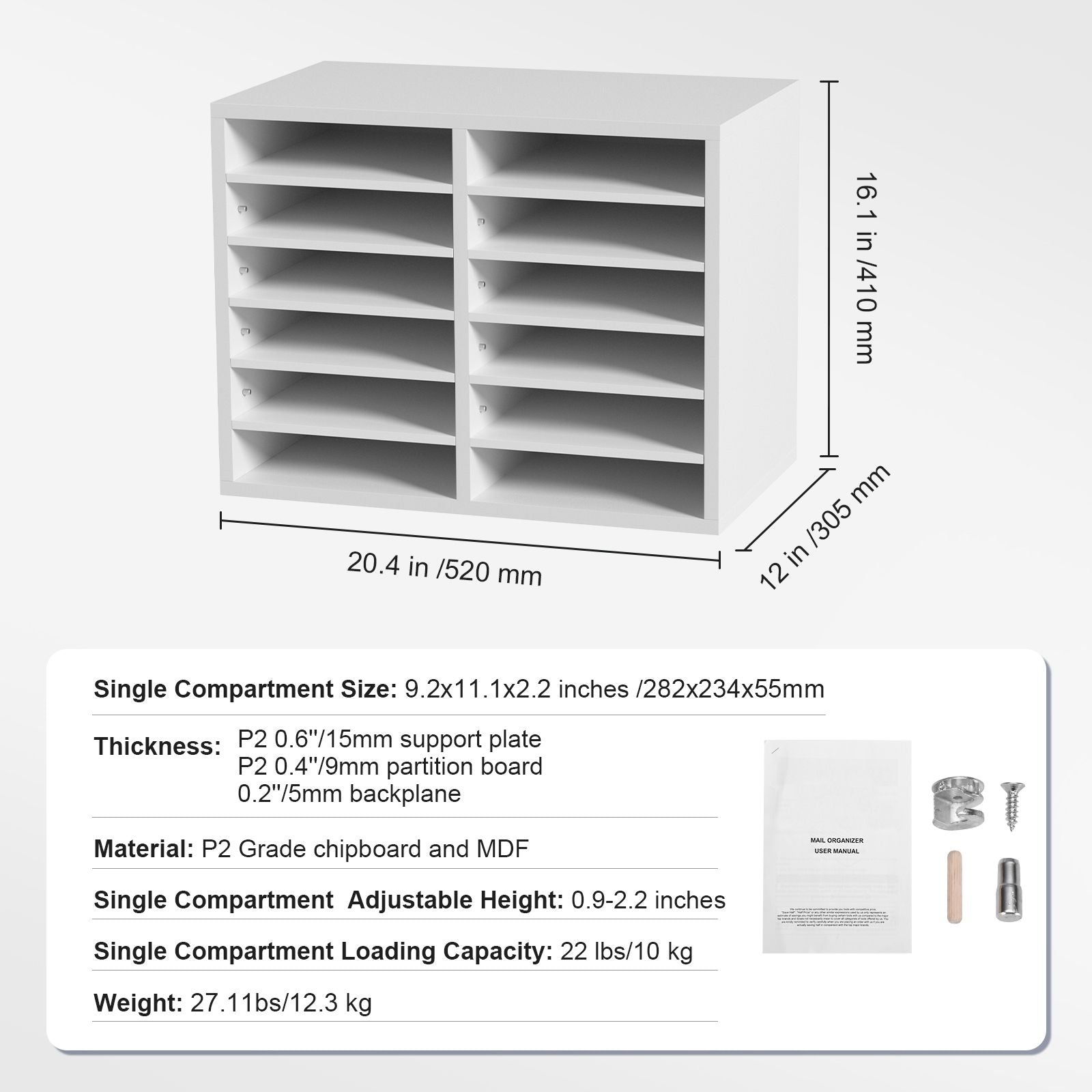 Wood Literature Organizer Adjustable File Sorter 12 Compartments White