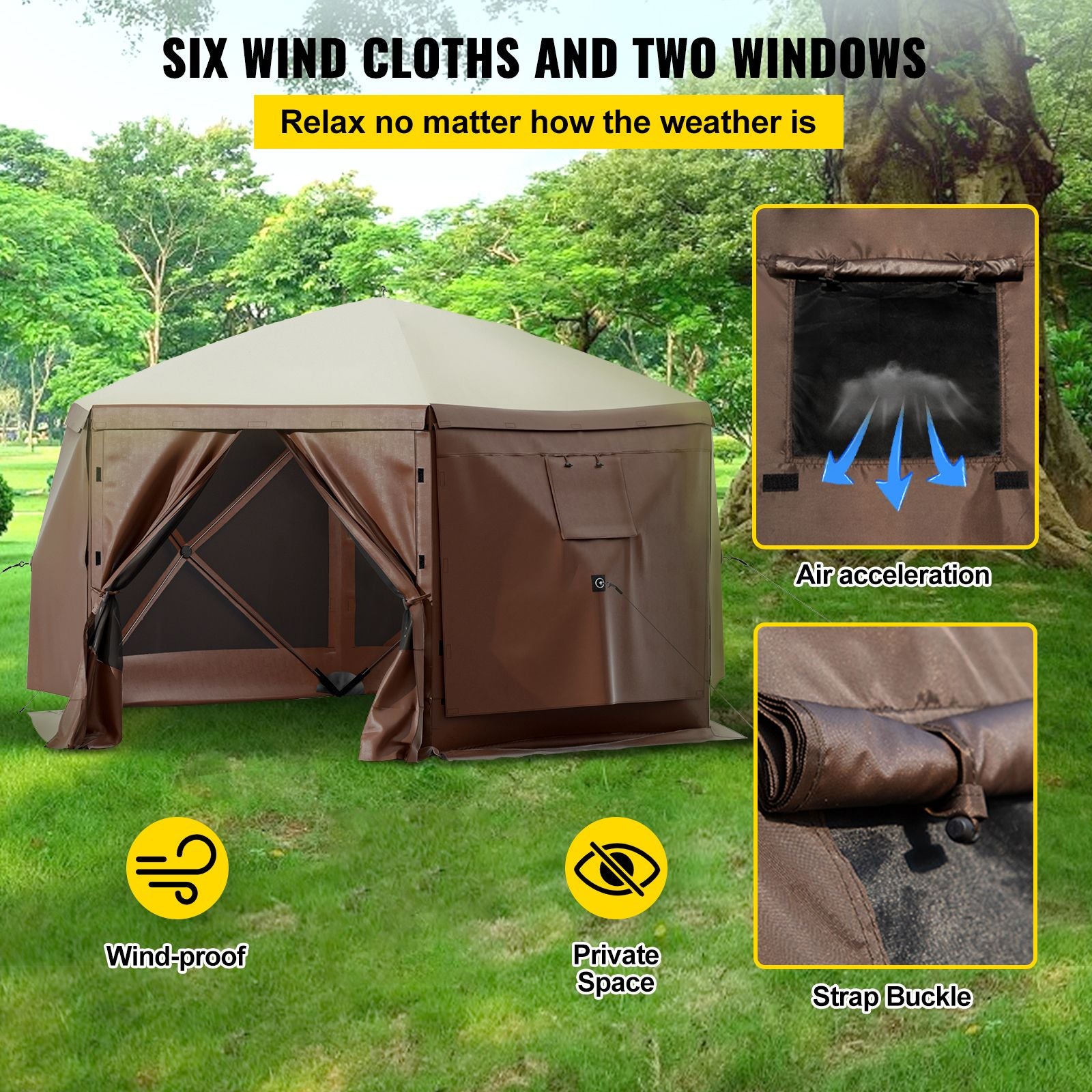 Pop-up Camping Gazebo Camping Canopy Shelter 6 Sided 10' x 10' Sun Shade