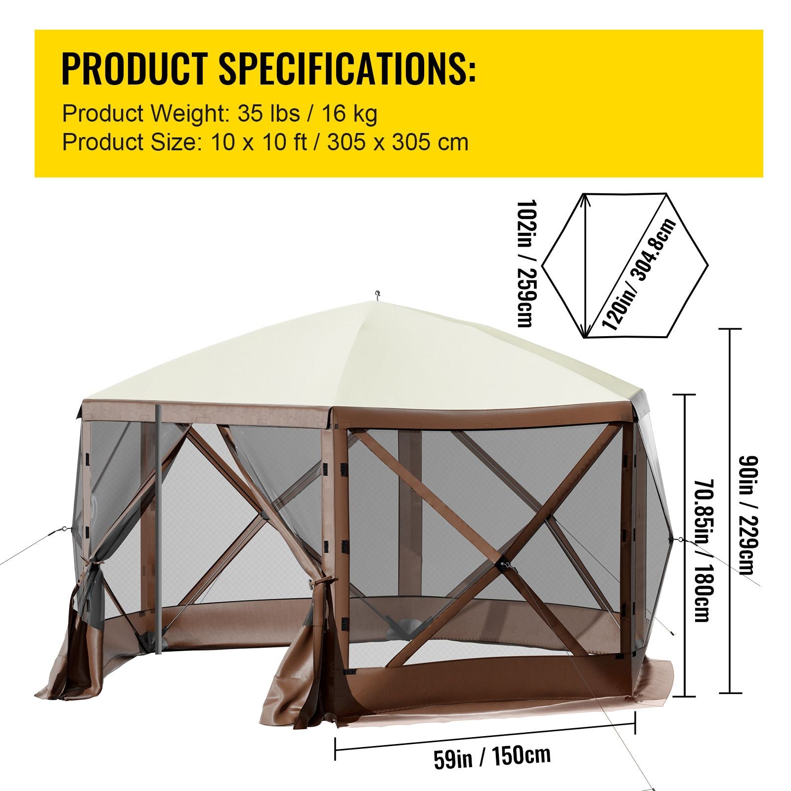 Pop-up Camping Gazebo Camping Canopy Shelter 6 Sided 10' x 10' Sun Shade