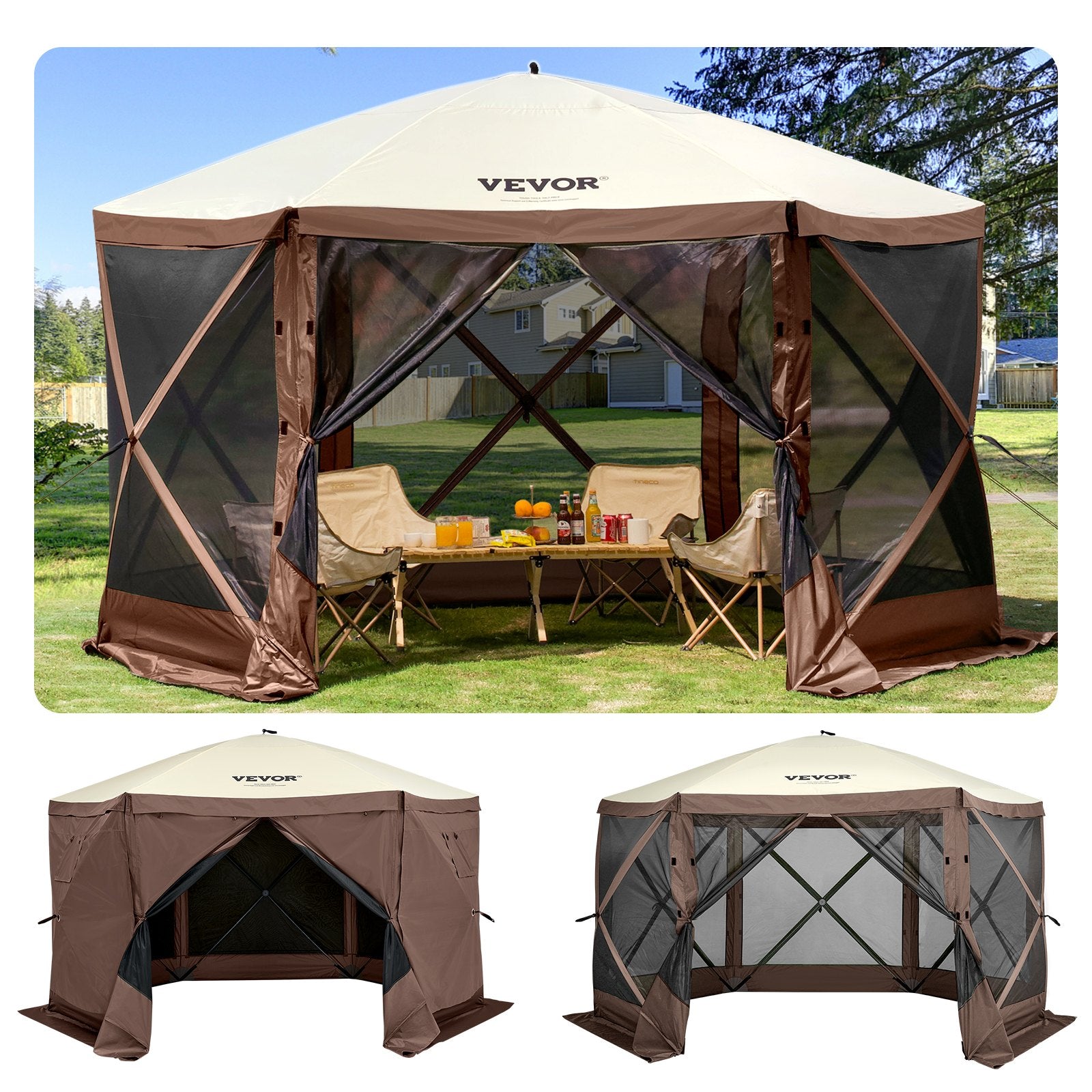 Pop-up Camping Gazebo Camping Canopy Shelter 6 Sided 10' x 10' Sun Shade