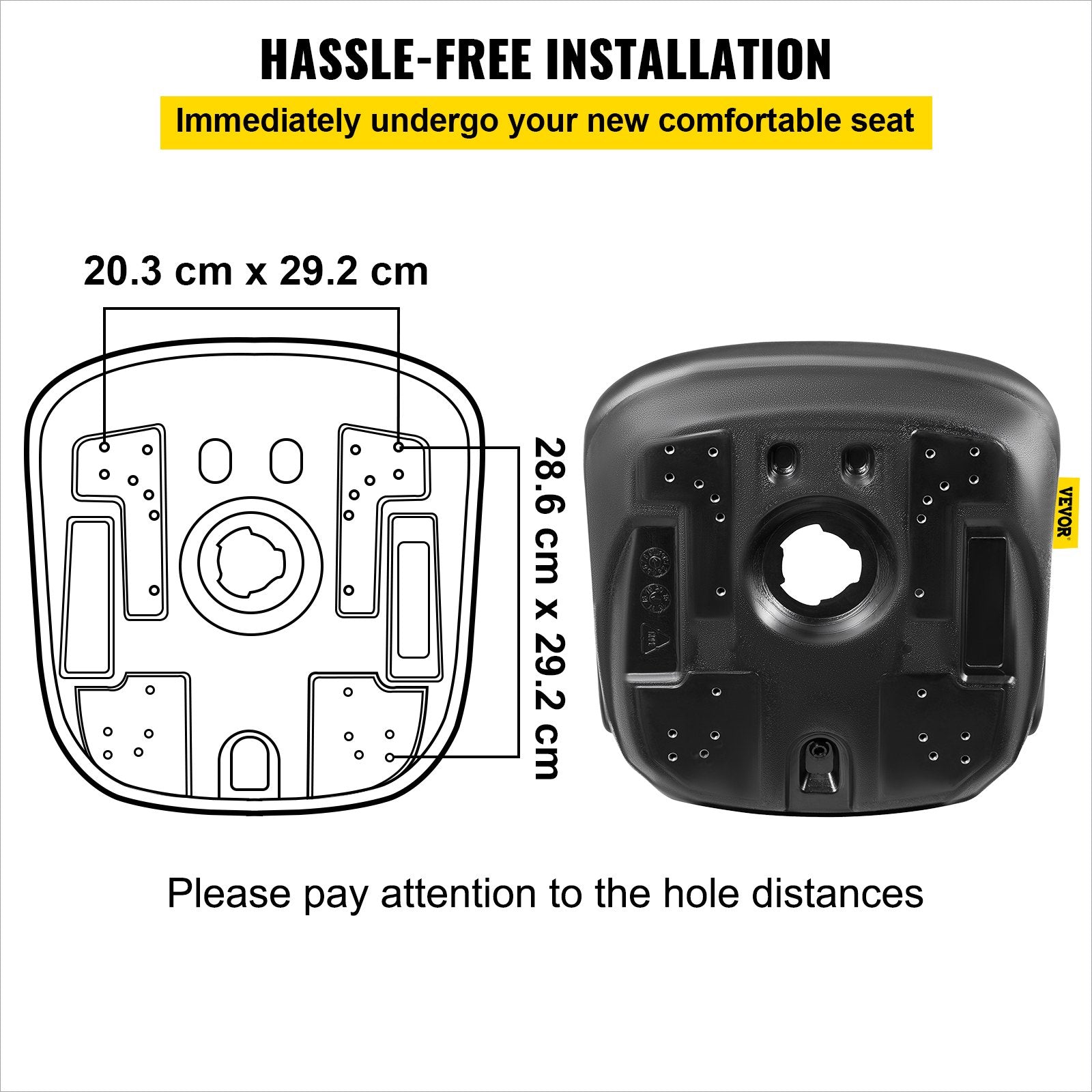 Universal Lawn Tractor Seat Replacement, Compact High Back Mower Seat, Black Vinyl Forklift Seat, Central Drain Hole Skid Steer Seat with Mounting Bolt Patterns of 8