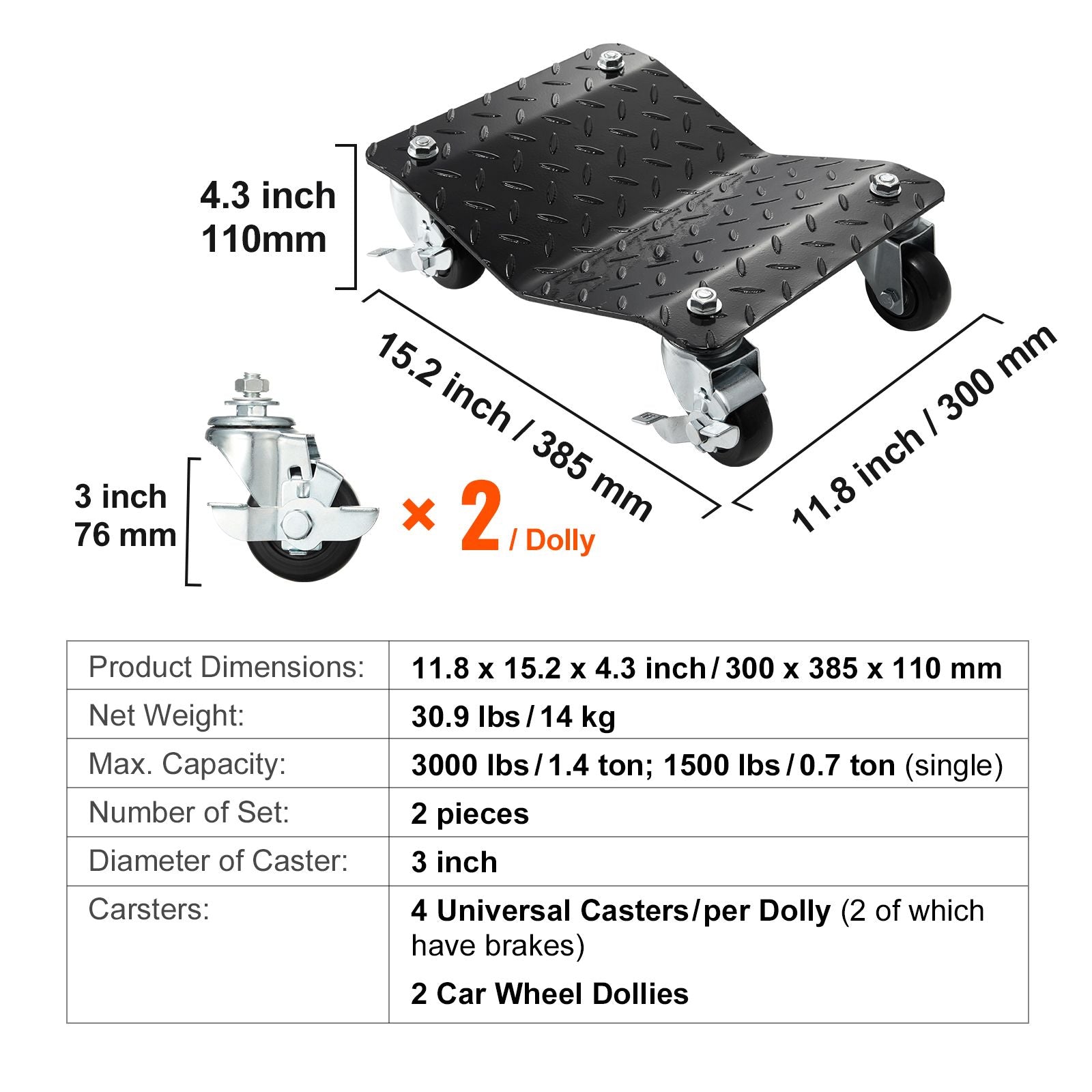 Car Dolly Wheel Tire Dolly 2 PCS Heavy Duty Skate Auto Repair Dolly 3000LB