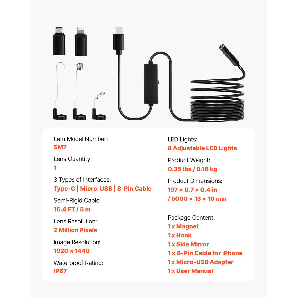 1920P HD Endoscope Camera 5m Borescope with LED Light IP67 Waterproof