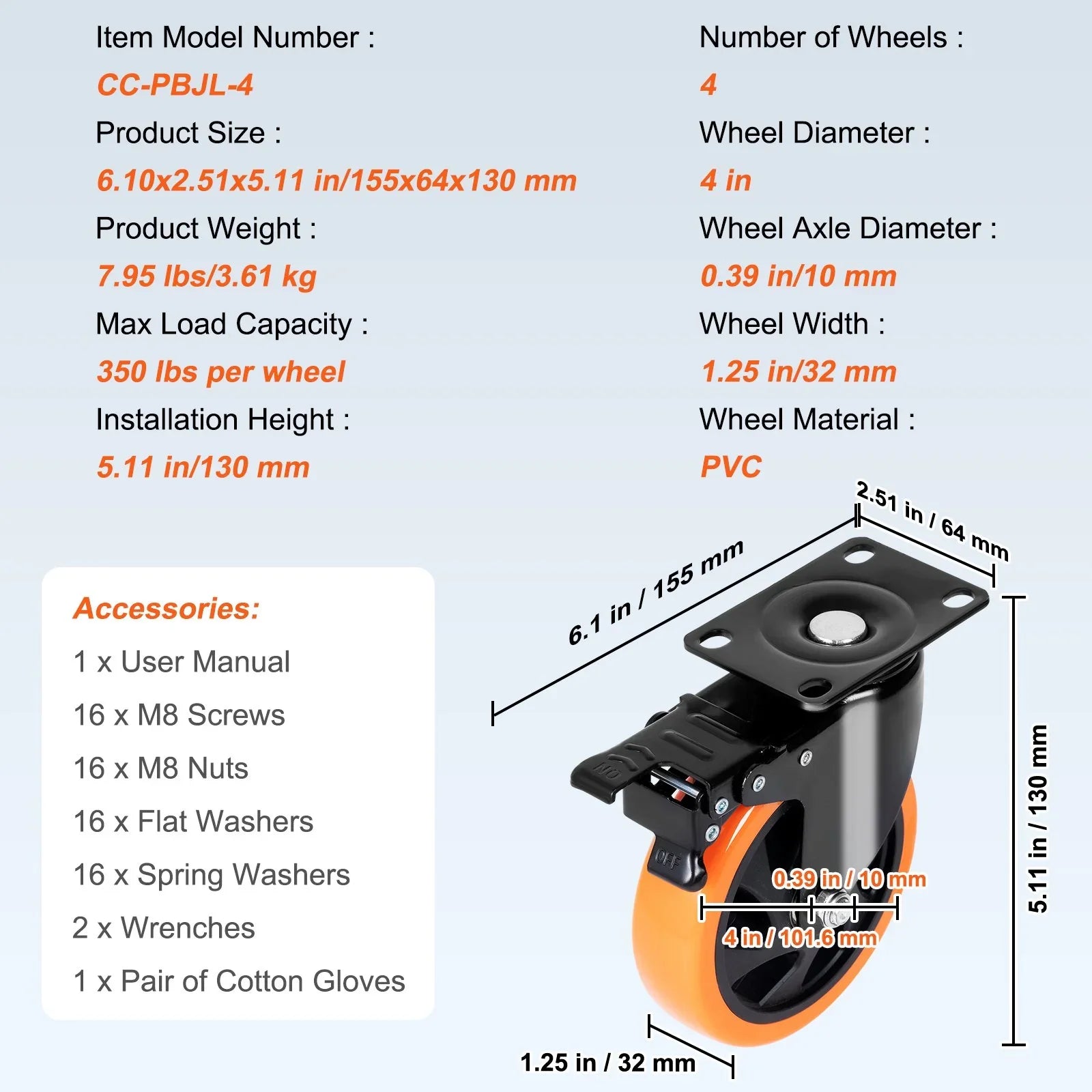 Caster Wheels, 101.6 mm Swivel Plate Casters, Set of 4, with Security A/B Locking No Noise PVC Wheels, Heavy Duty 159 kg Load Capacity Per Caster, Non-Marking Wheels for Cart Furniture Workbench